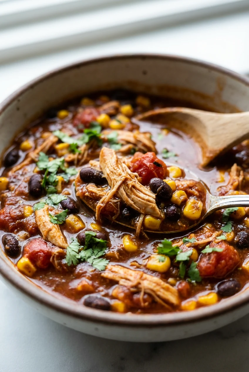 Close-up detail of saucy shredded chicken with black beans, corn, fire-roasted tomatoes; lime juice sheen, chopped cilan