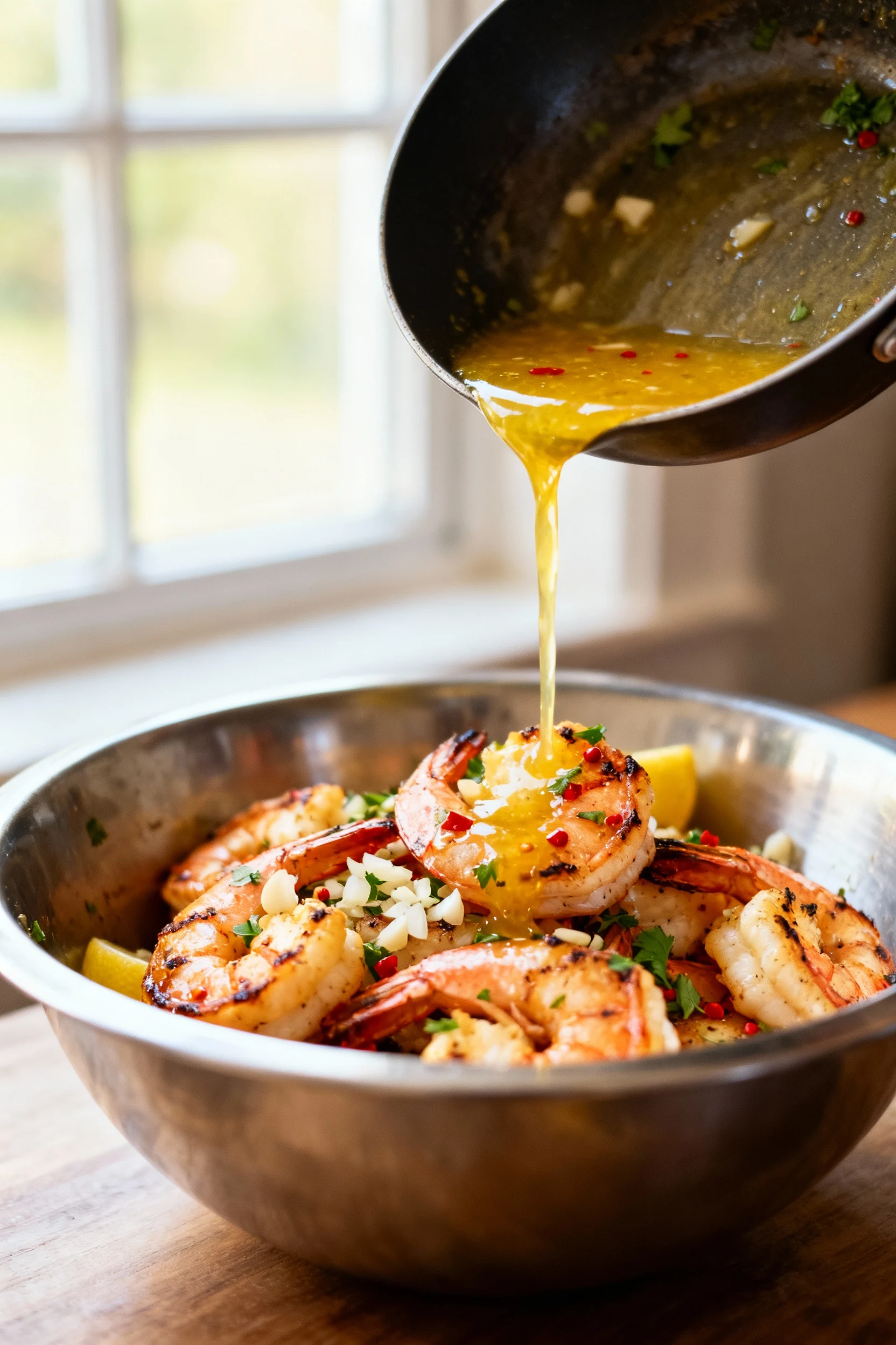 Tossing off-heat: freshly grilled shrimp in a stainless bowl being coated with warm garlic-lemon butter—visible minced g