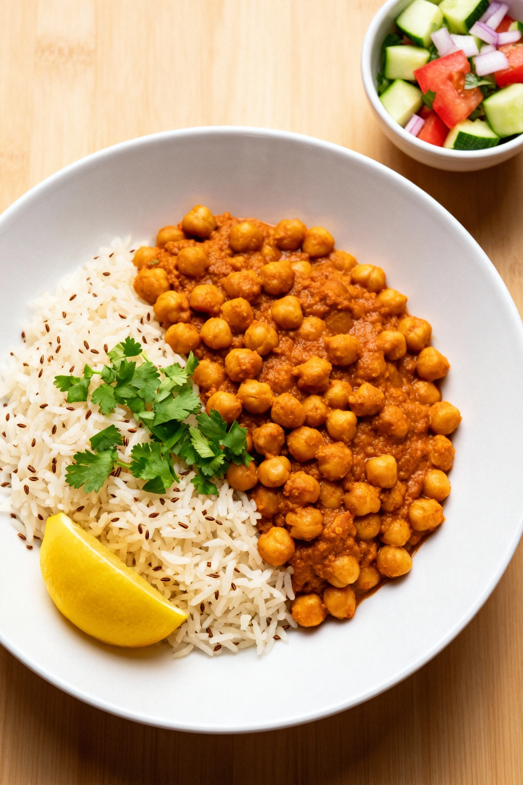 Beautifully plated chana masala with jeera basmati rice, garnished with chopped cilantro and a lemon wedge, kachumber in