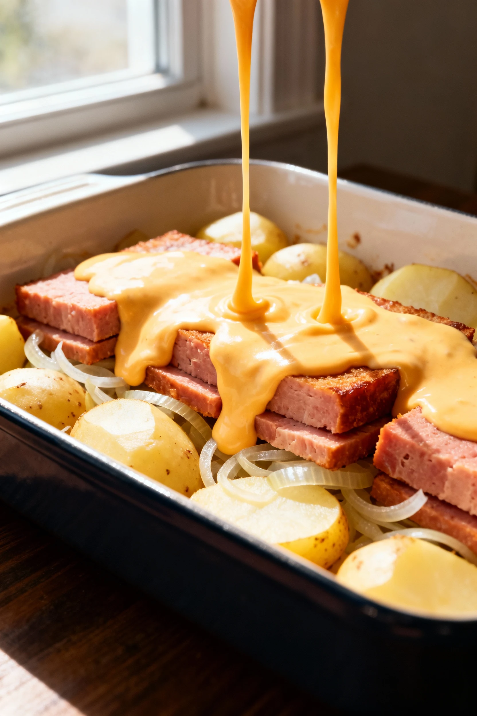 Cheese sauce pour: velvety cheddar–sour cream sauce cascading over layered parboiled potatoes, crispy Spam, and transluc