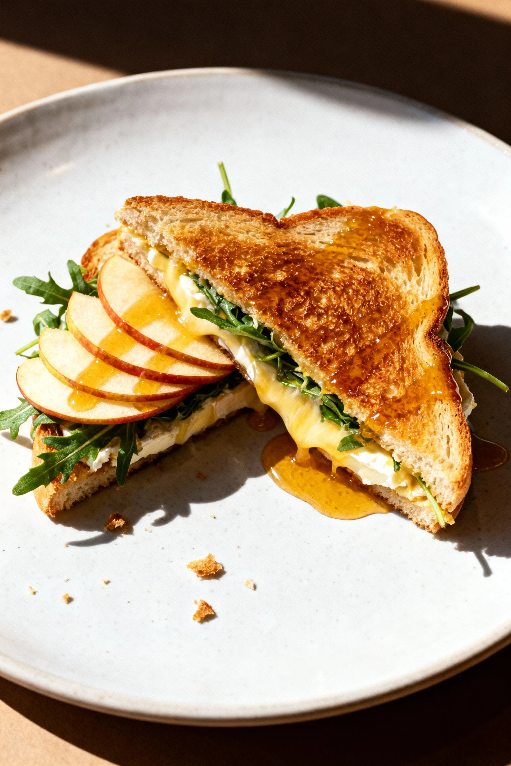 Beautifully plated Apple Brie panini, diagonally sliced with gooey brie pull, thin apple slices and arugula inside, glos