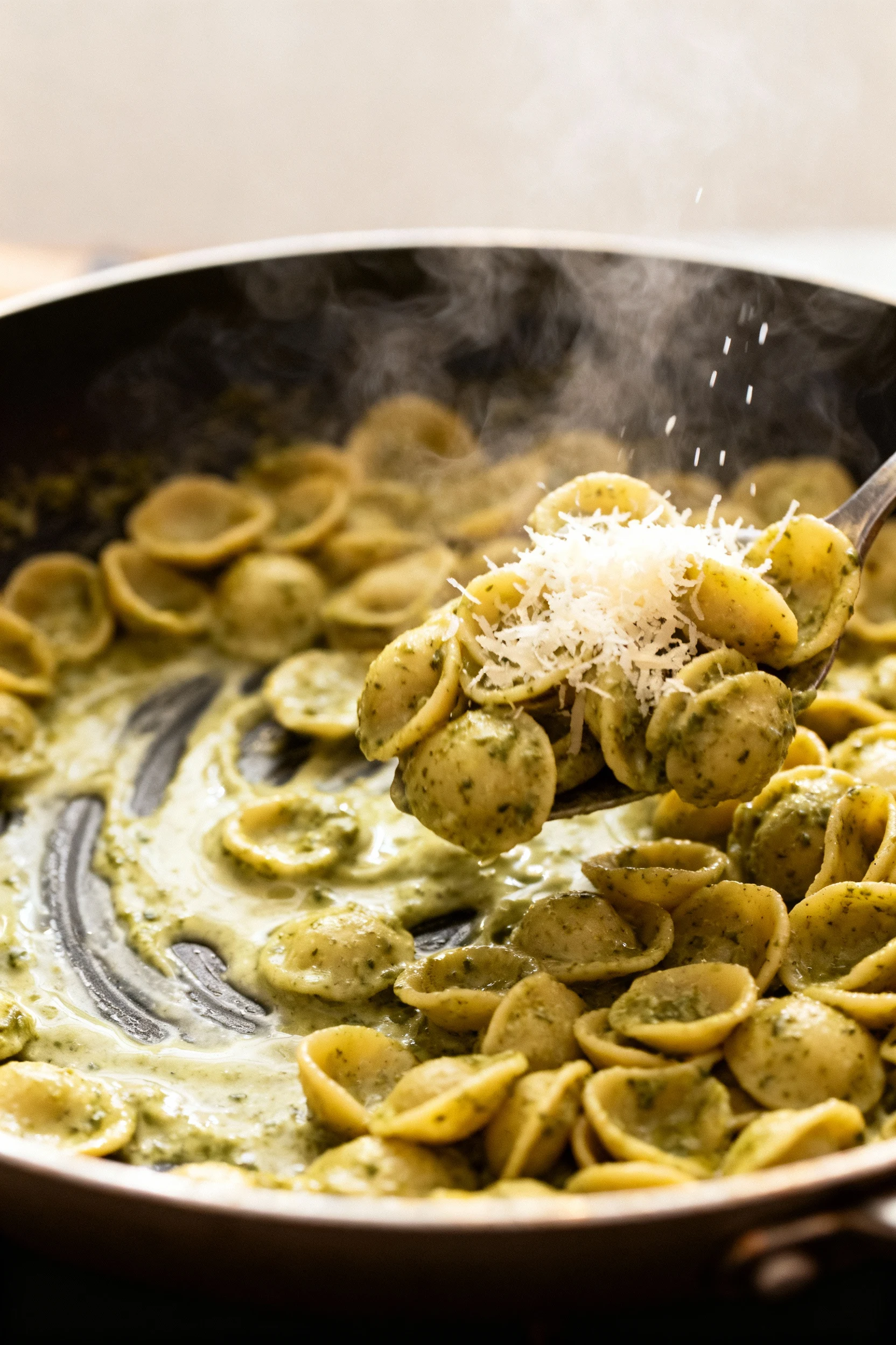 2. Creamy pesto pasta being tossed in a wide skillet: orecchiette with reserved pasta water swirling in to emulsify, ste