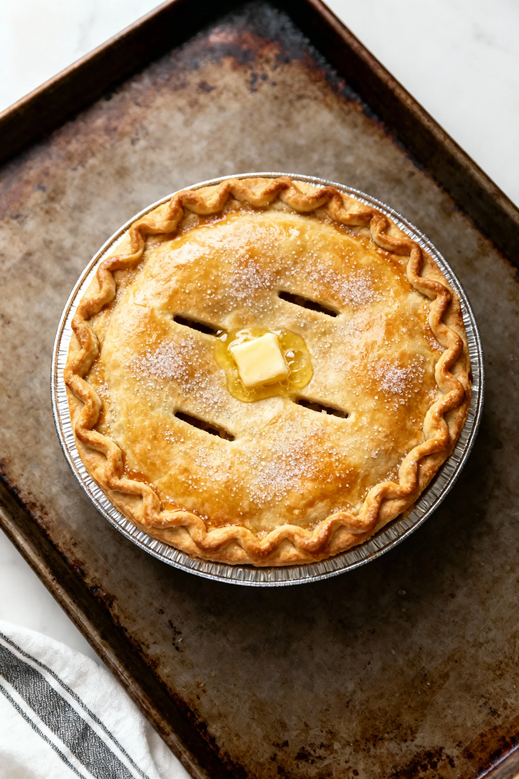 Overhead shot of all-American apple pie: golden, egg-washed double crust with crimped edges, sugar sparkle, butter bubbl