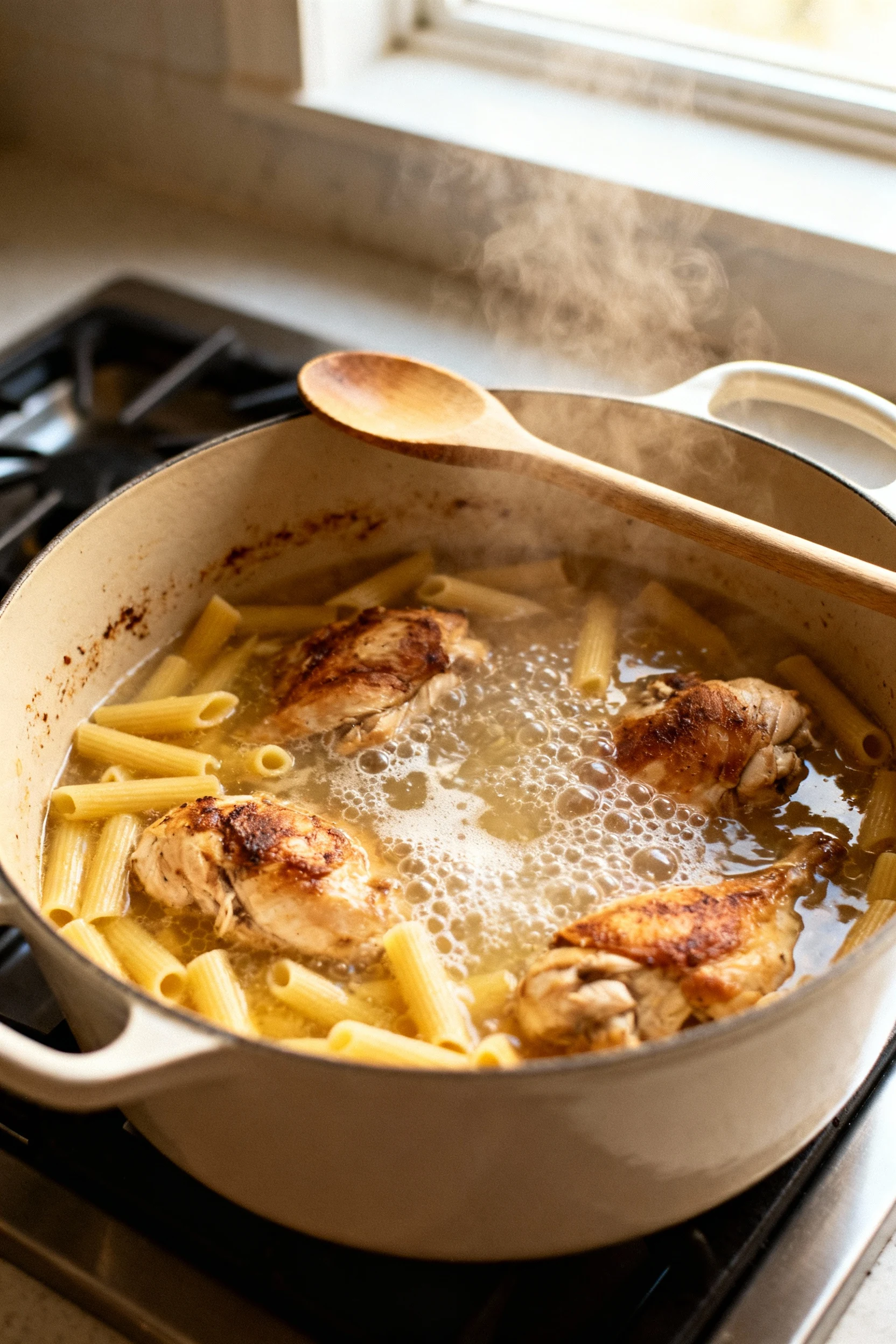 One-pot simmer: browned chicken and short pasta cooking in chicken broth in a wide Dutch oven, lively bubbles with scrap