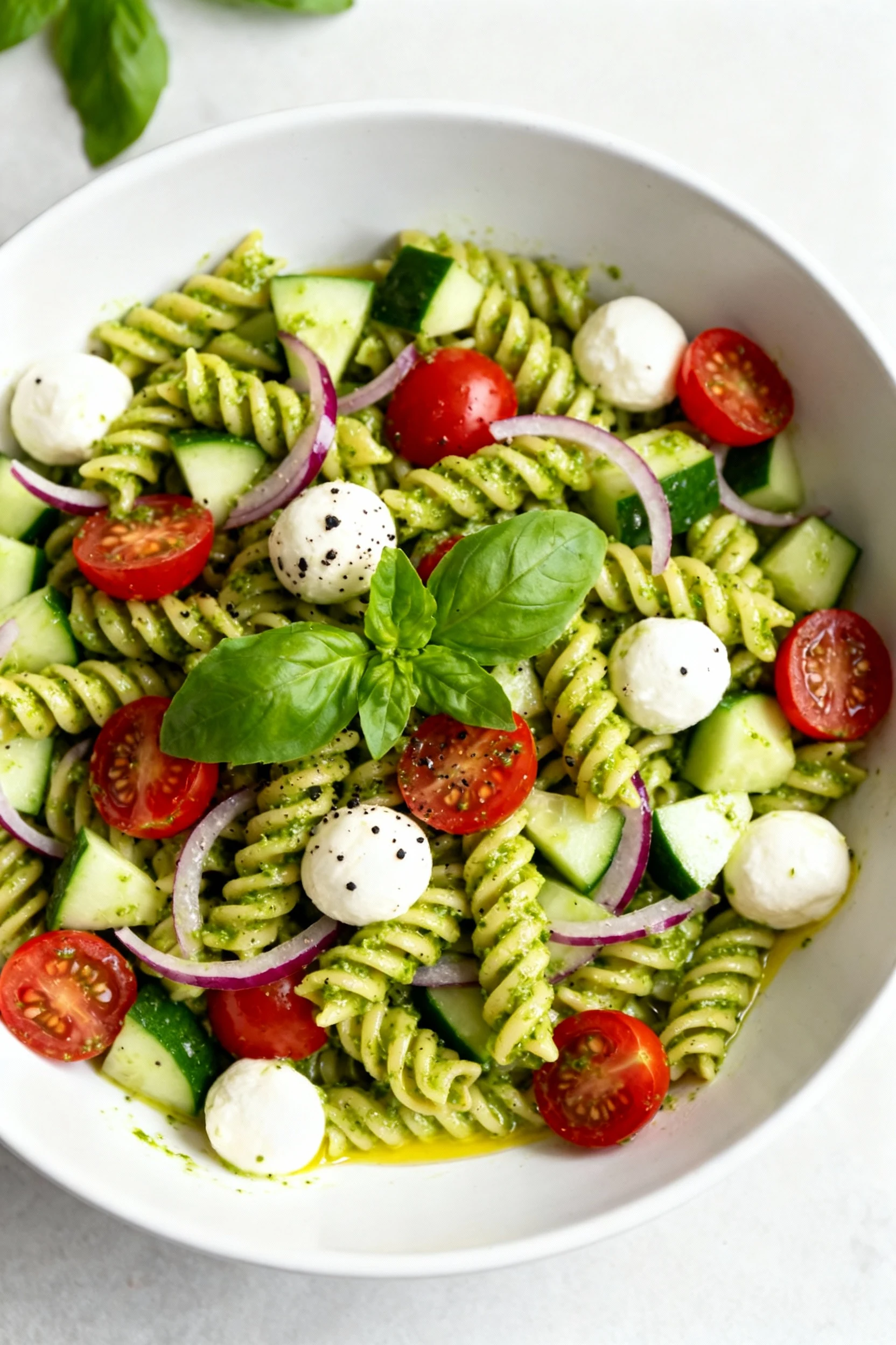 Overhead shot: healthy pesto pasta salad in a wide white bowl—rotini evenly coated in bright green pesto, red cherry tom
