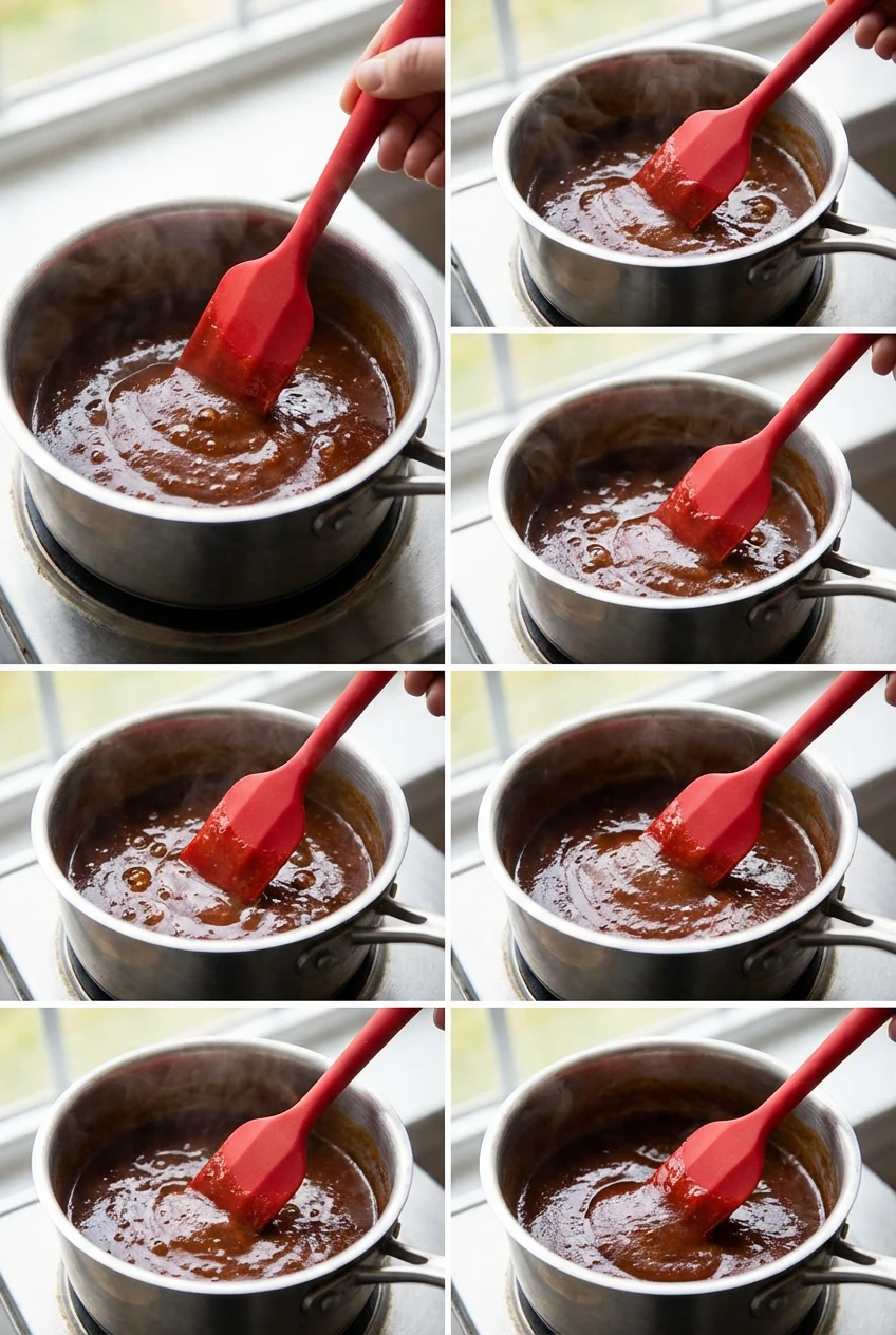 Cooking process: glossy no-sugar BBQ sauce reducing in a small stainless saucepan, gentle bubbles and steam with a silic