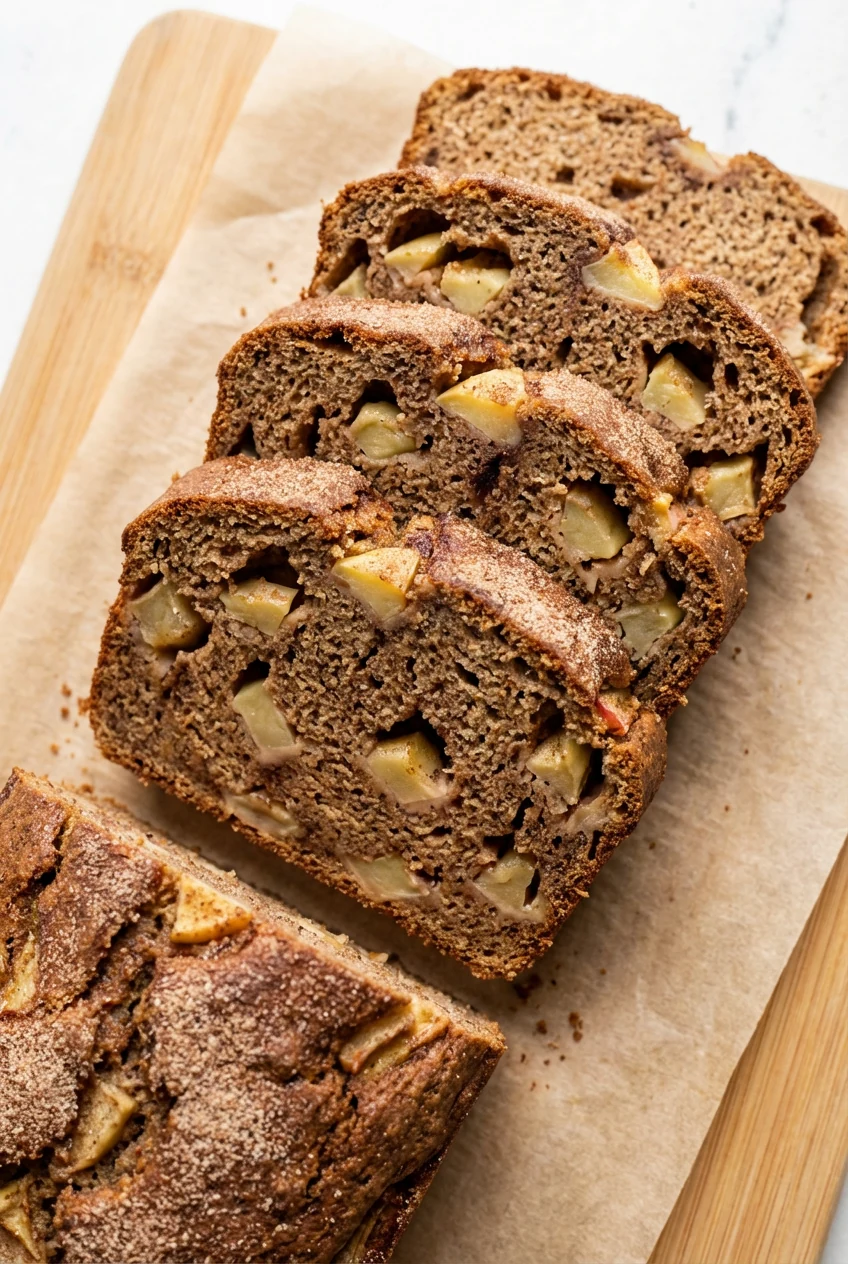 Overhead shot of Apple Cinnamon Whole-Wheat Bread, sliced on a parchment-lined board, showcasing evenly distributed Hone