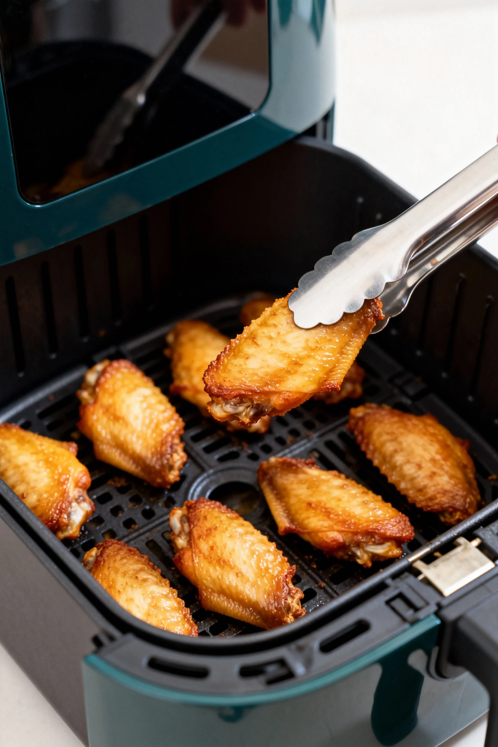 Cooking process in action: open air fryer basket at the halfway flip—single layer wings evenly spaced, crisp edges, one 