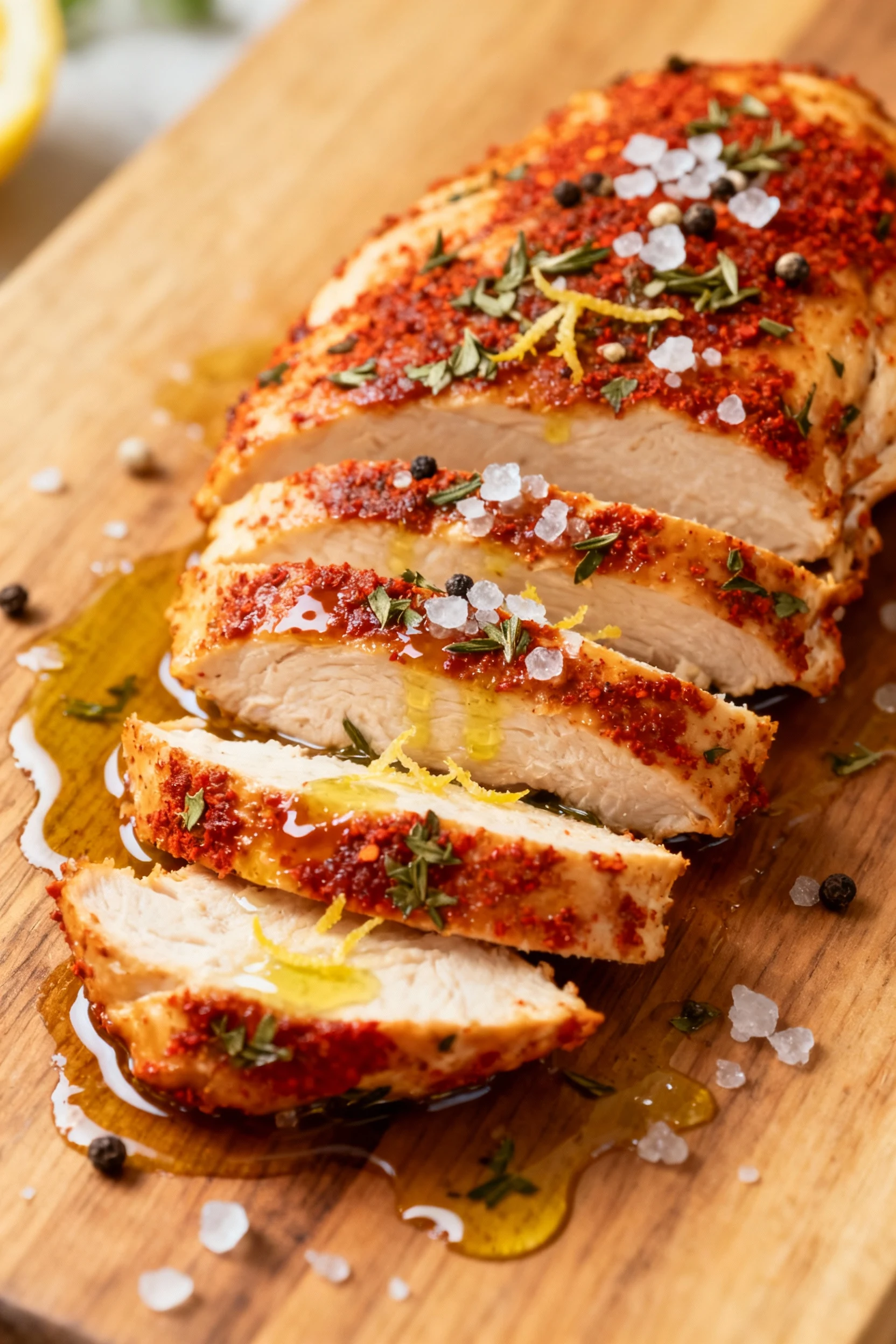 Close-up of juicy sliced air-fried chicken breast on wooden board after 5-minute rest; glistening juices, paprika-red cr