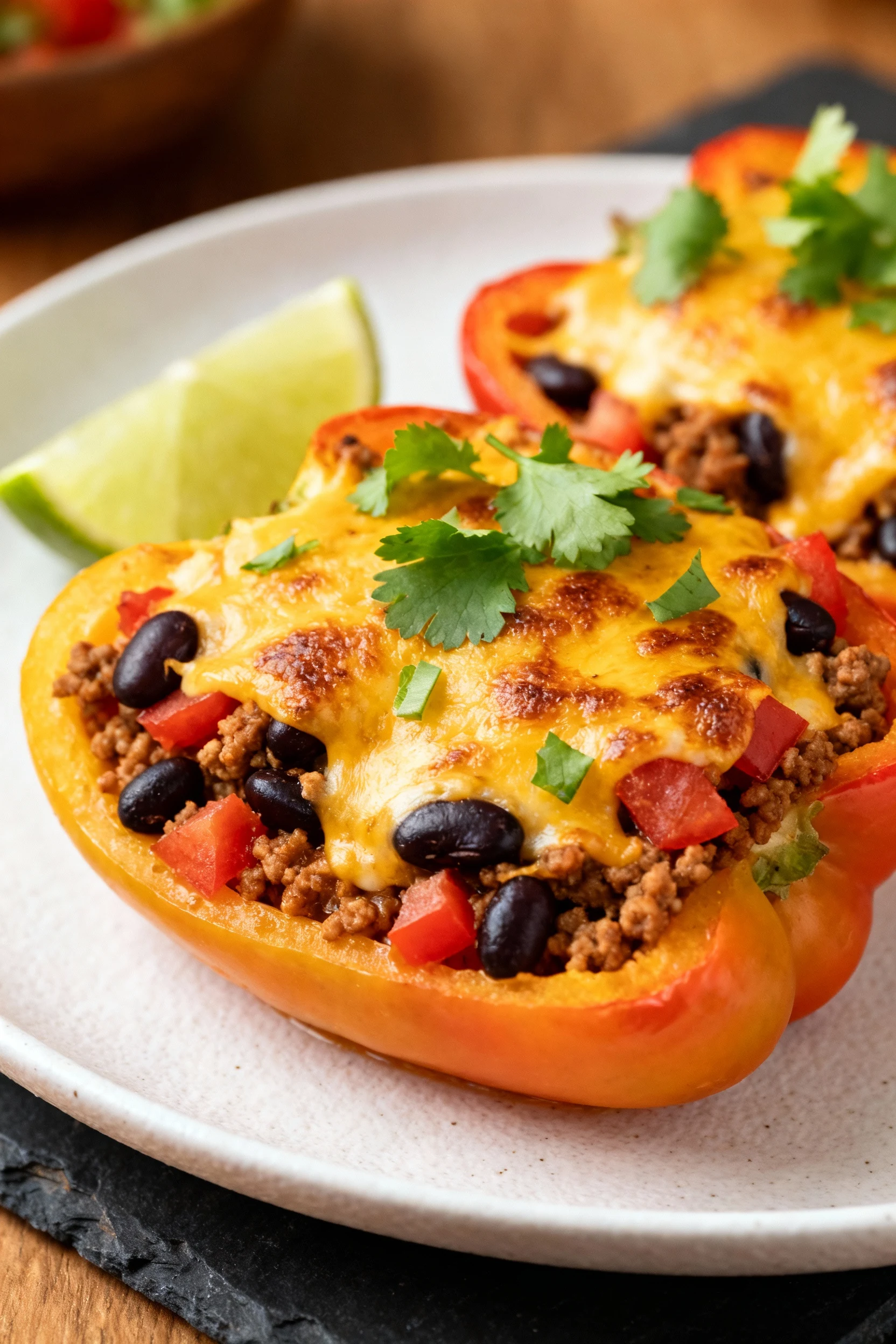 2. Beautifully plated cheesy ground turkey stuffed bell peppers with black beans and diced tomatoes, melted Mexican blen