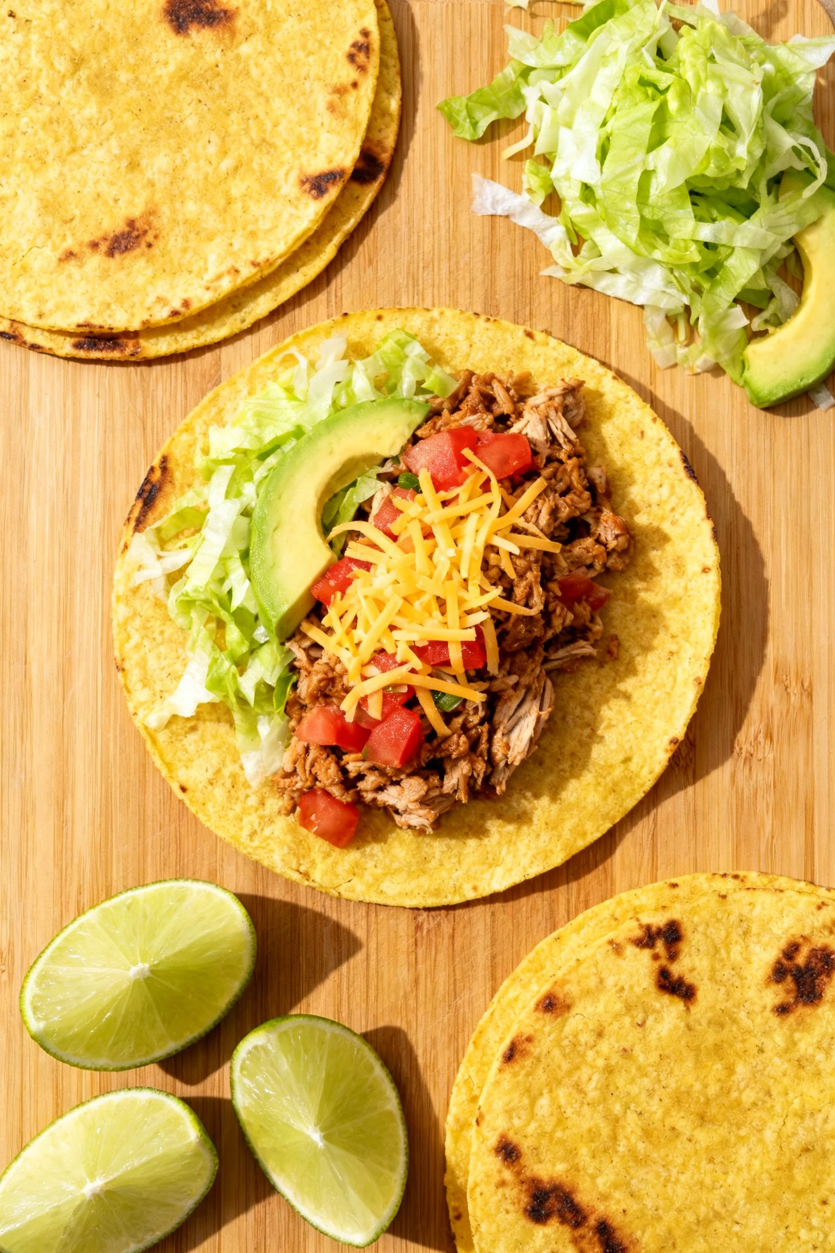 Overhead shot of turkey tacos being assembled: warm corn tortillas with light char, turkey filling heaped in, toppings (