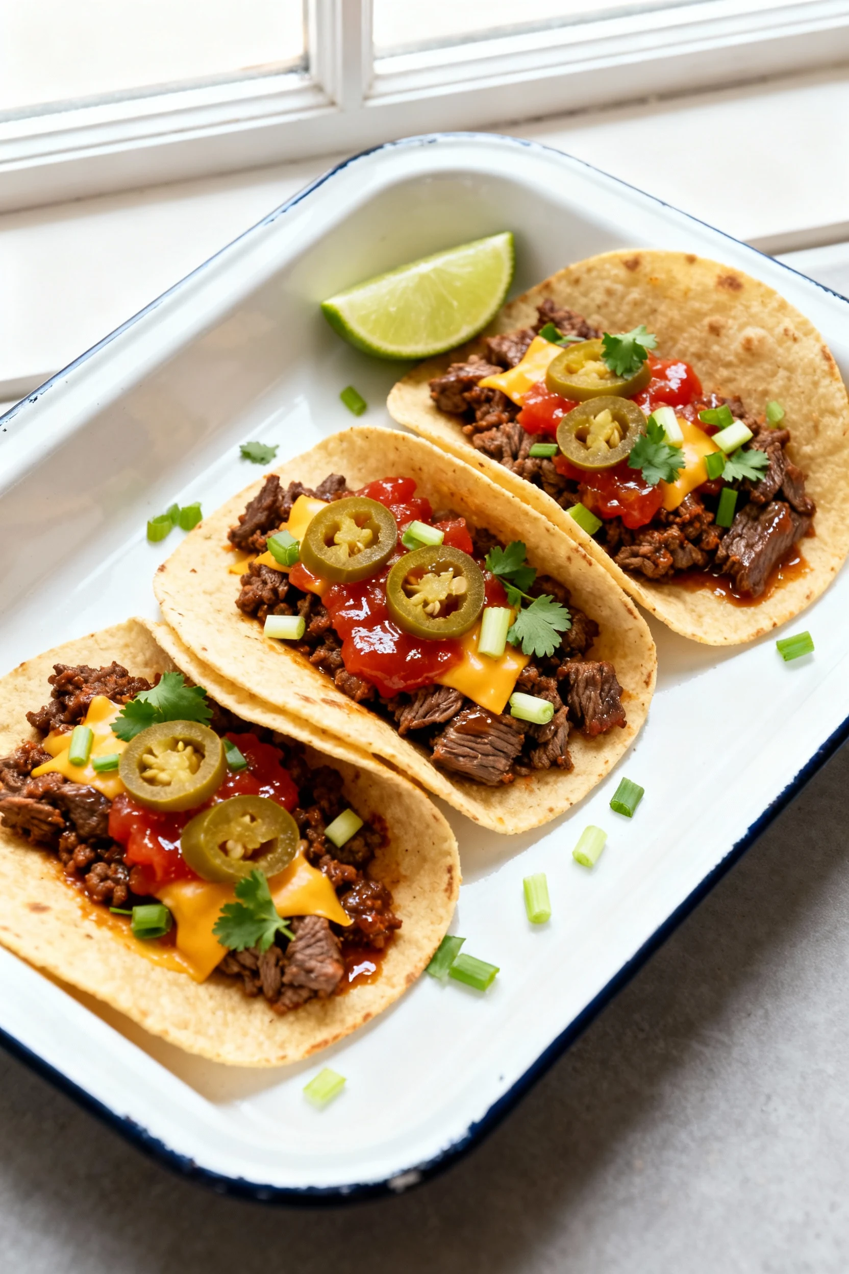 Overhead shot: Weeknight Taco Beef in warm corn tortillas on a white enamel tray—chili-cumin beef with a glossy sheen, m