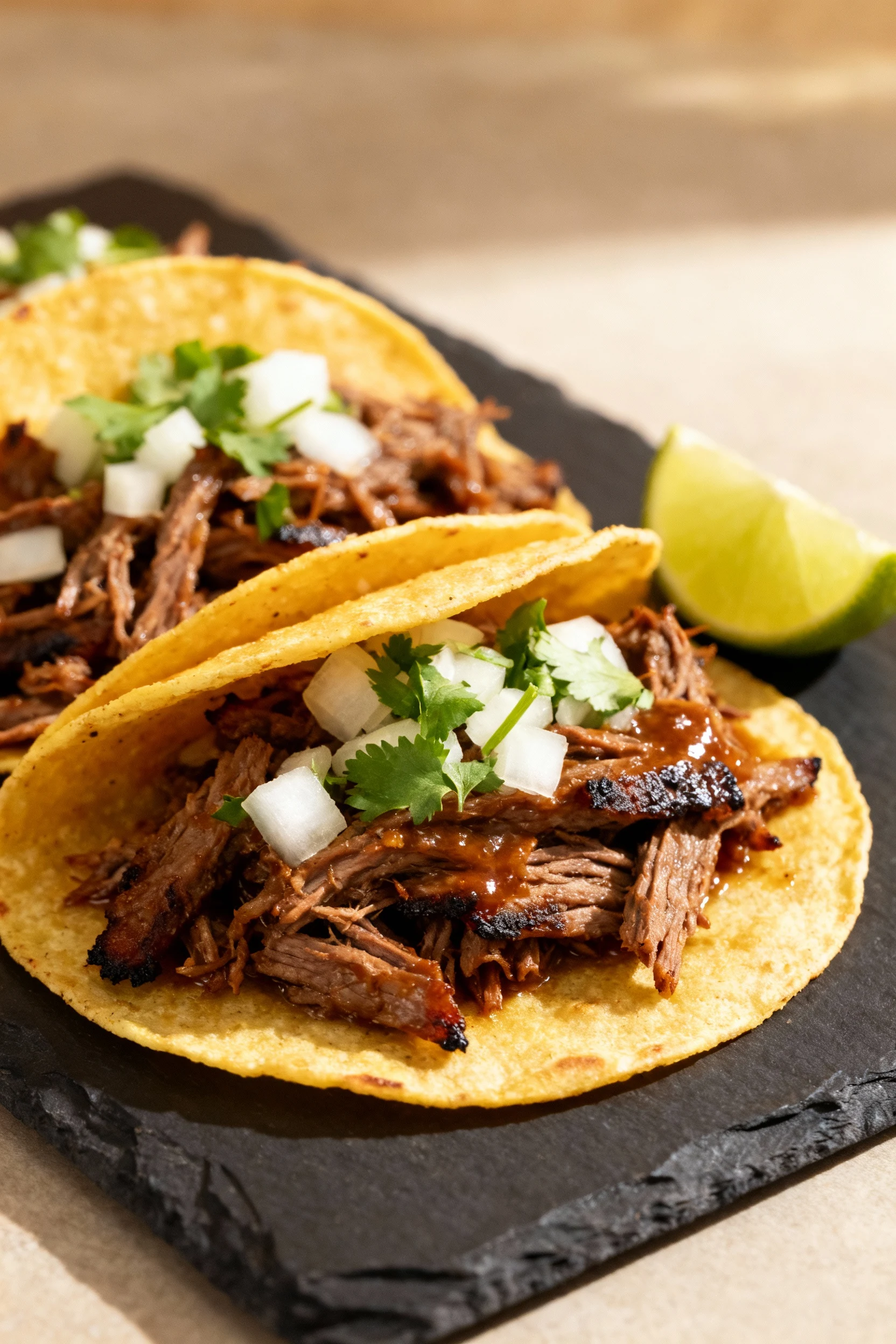Final dish: barbacoa beef tacos on warm corn tortillas, piled with juicy shredded beef, chopped white onion and cilantro