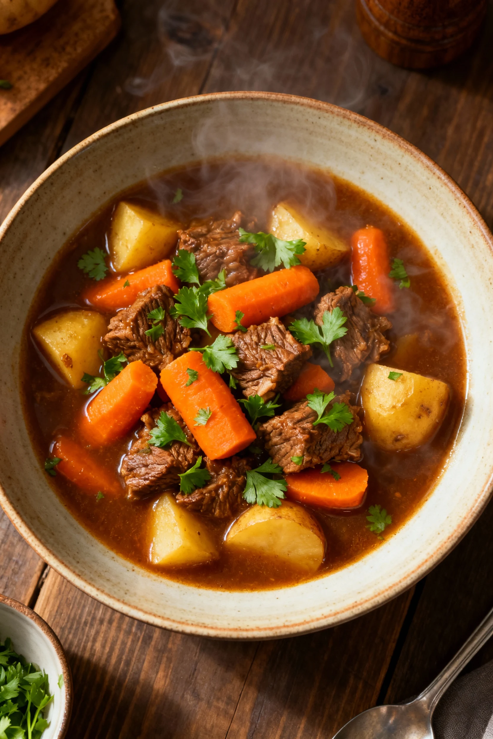 Overhead shot of a steaming bowl of Instant Pot beef stew with carrots and potatoes, vibrant orange and golden tones con