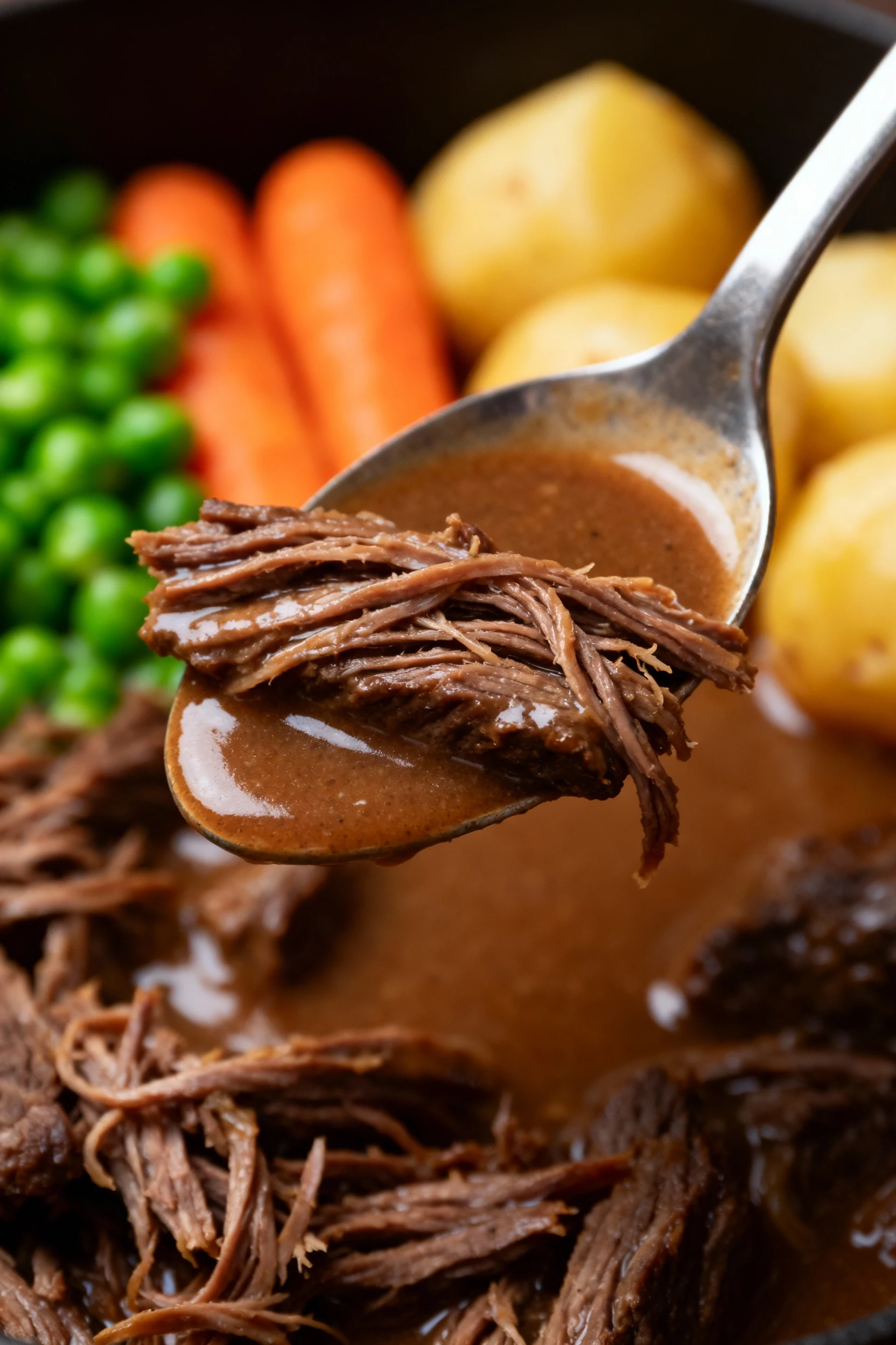 Macro close-up of a ladle lifting a piece of spoon-tender chuck coated in silky, umami-rich gravy, with bright green pea