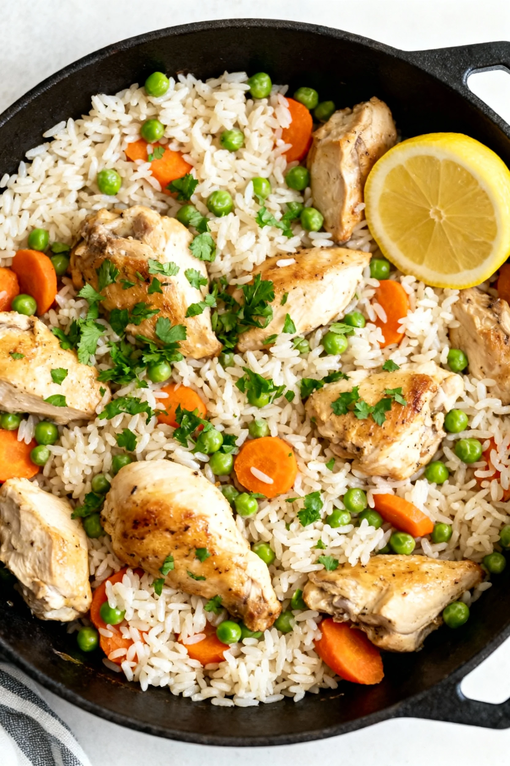 2. Overhead of finished one-pot chicken and rice after fluffing: tender chicken, fluffy jasmine grains, peas & carrots, 