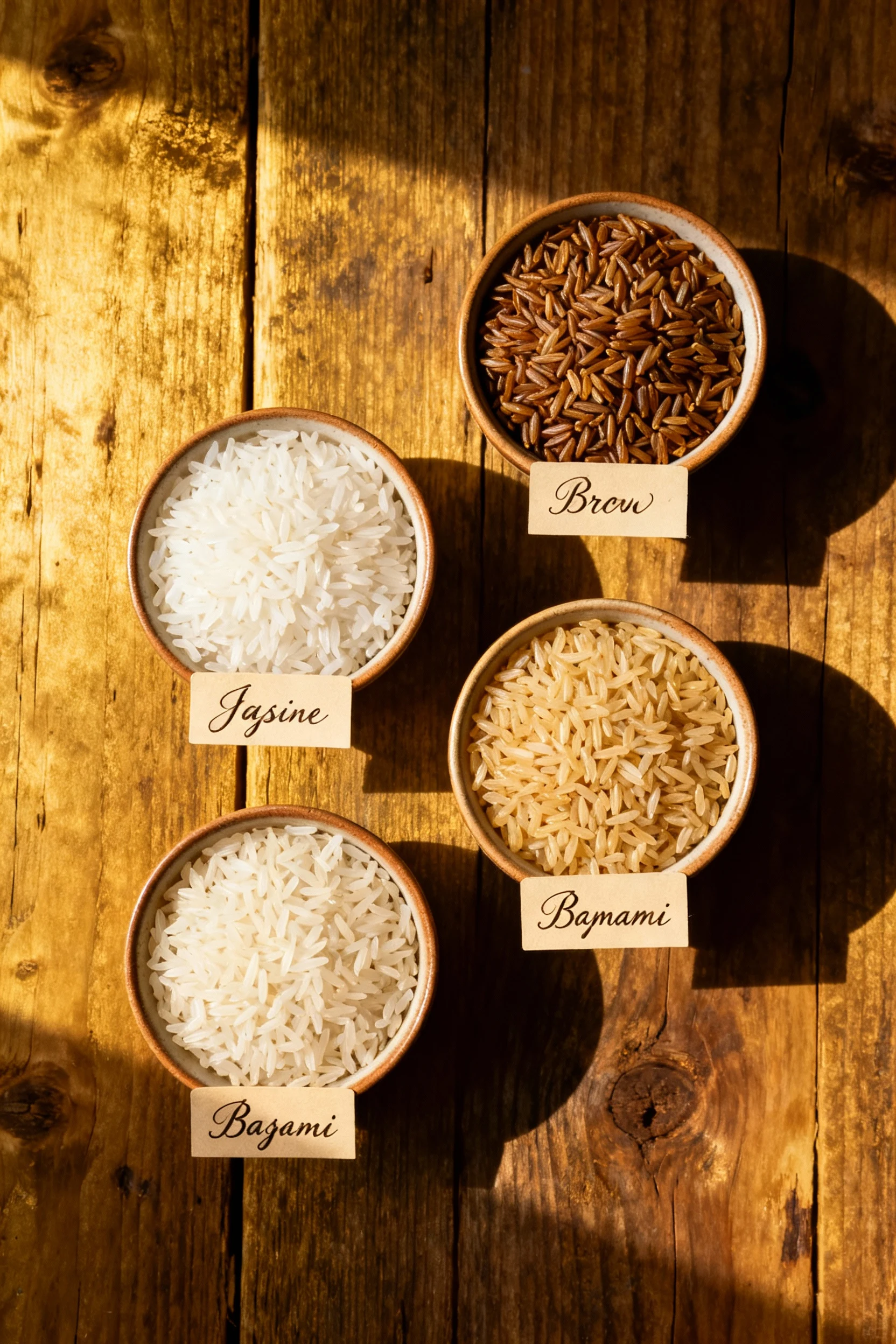 Overhead shot of four varieties of cooked rice — white, brown, Jasmine, and Basmati — arranged in separate small bowls o