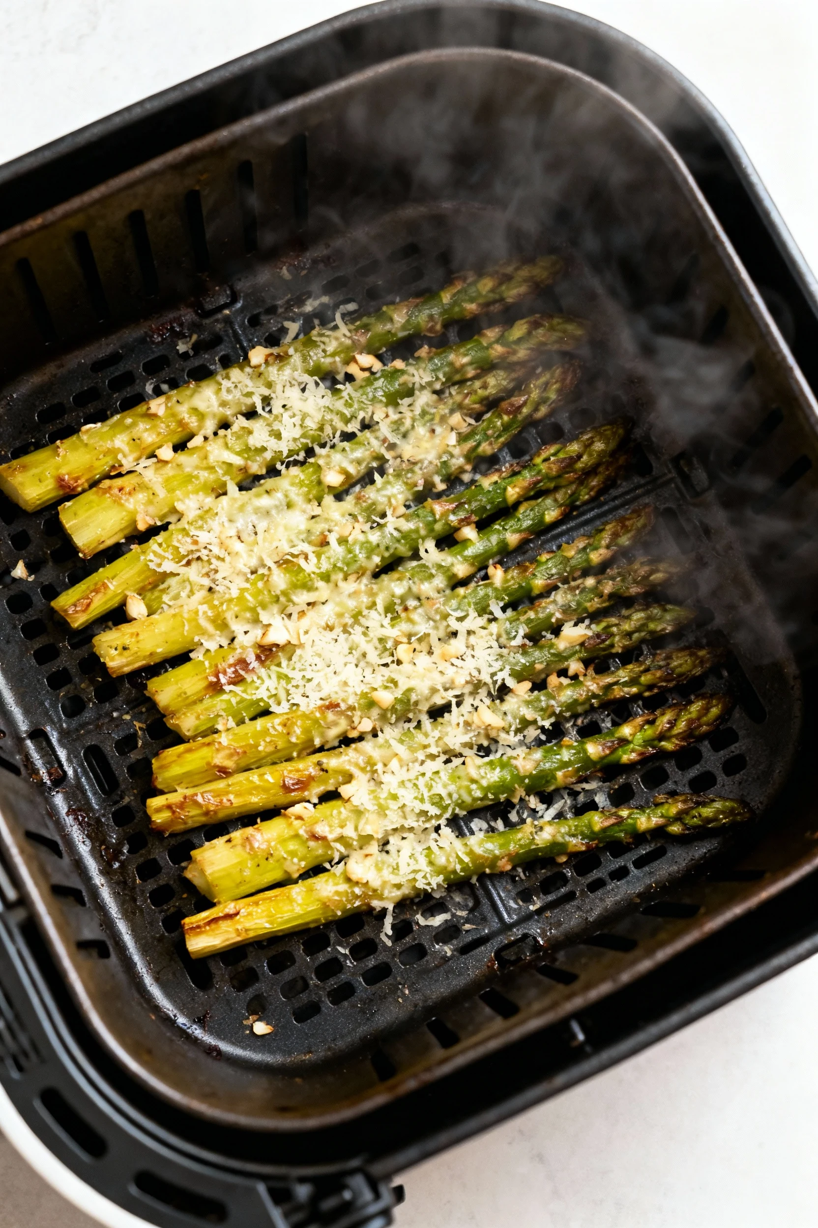 Overhead shot of freshly cooked garlic-Parmesan asparagus arranged in a single layer inside an air fryer basket, steam r