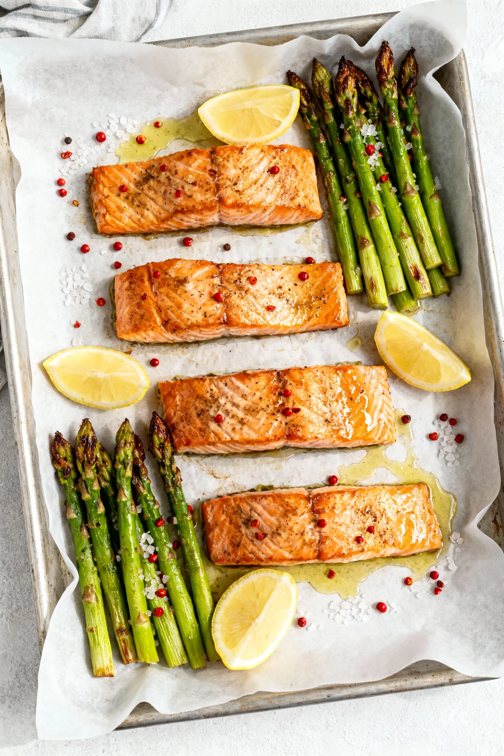 Overhead shot of a parchment-lined sheet pan with four roasted salmon fillets and crisp-tender medium-thick asparagus, c