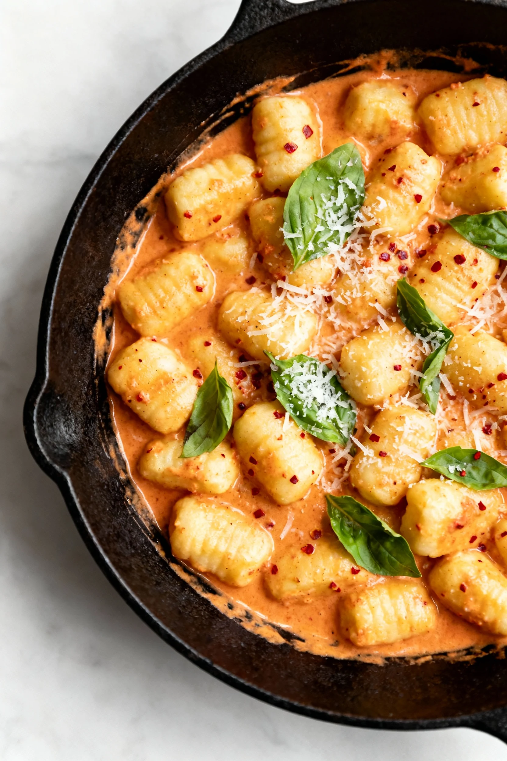 Overhead shot of Creamy Tomato Basil Skillet Gnocchi in cast iron, silky tomato-cream sauce coating tender gnocchi, spec