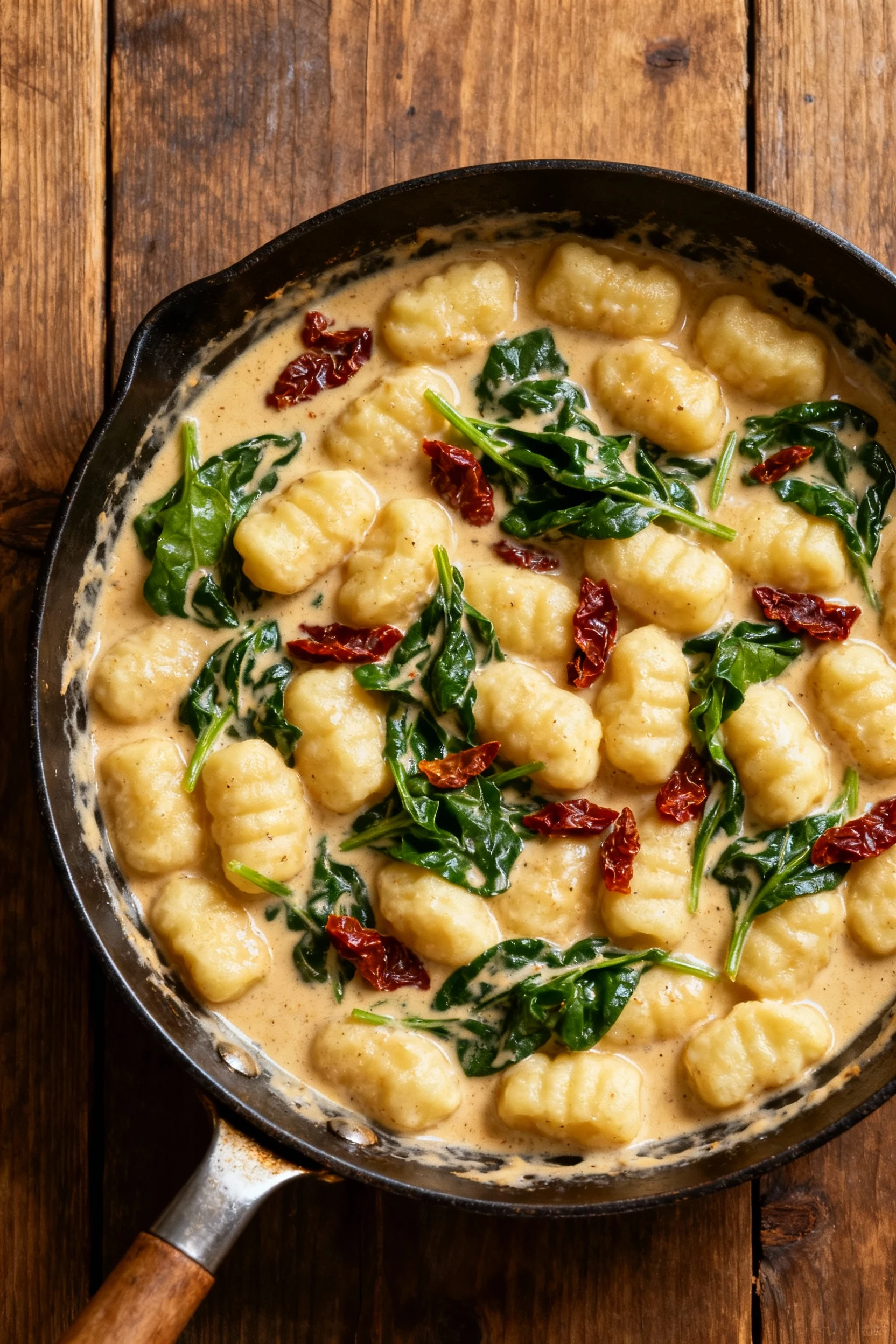 Overhead shot of gnocchi simmering in a skillet of thickened cream sauce with vibrant wilted spinach and scattered sun-d