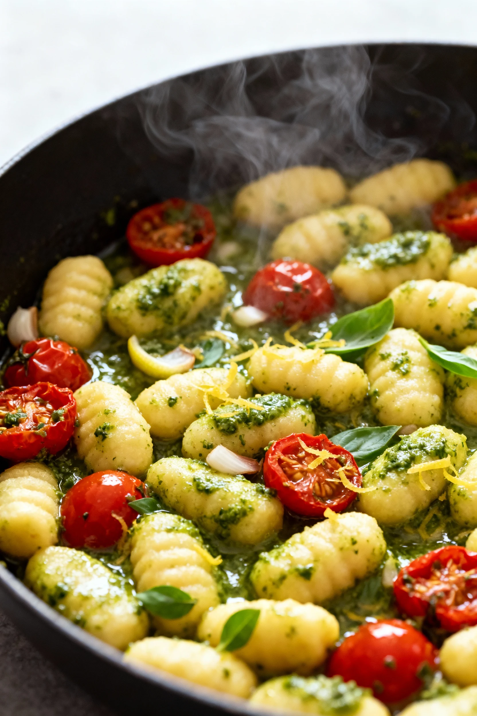 2. Cooking process: gnocchi and burst cherry tomatoes being tossed off-heat with basil pesto and lemon zest in the skill