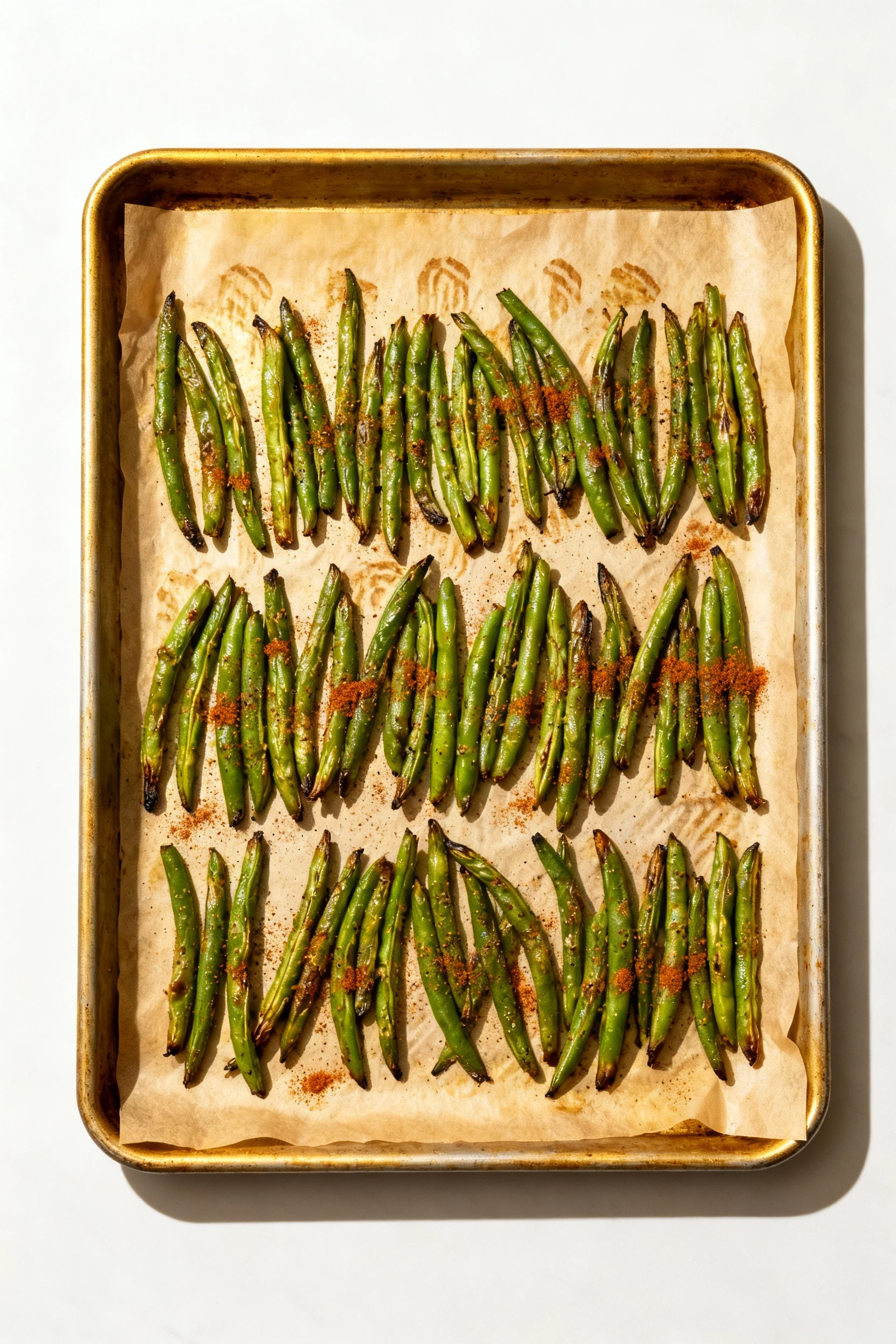 Overhead shot of sheet pan filled with evenly spaced roasted green beans, light dusting of smoked paprika and pepper vis