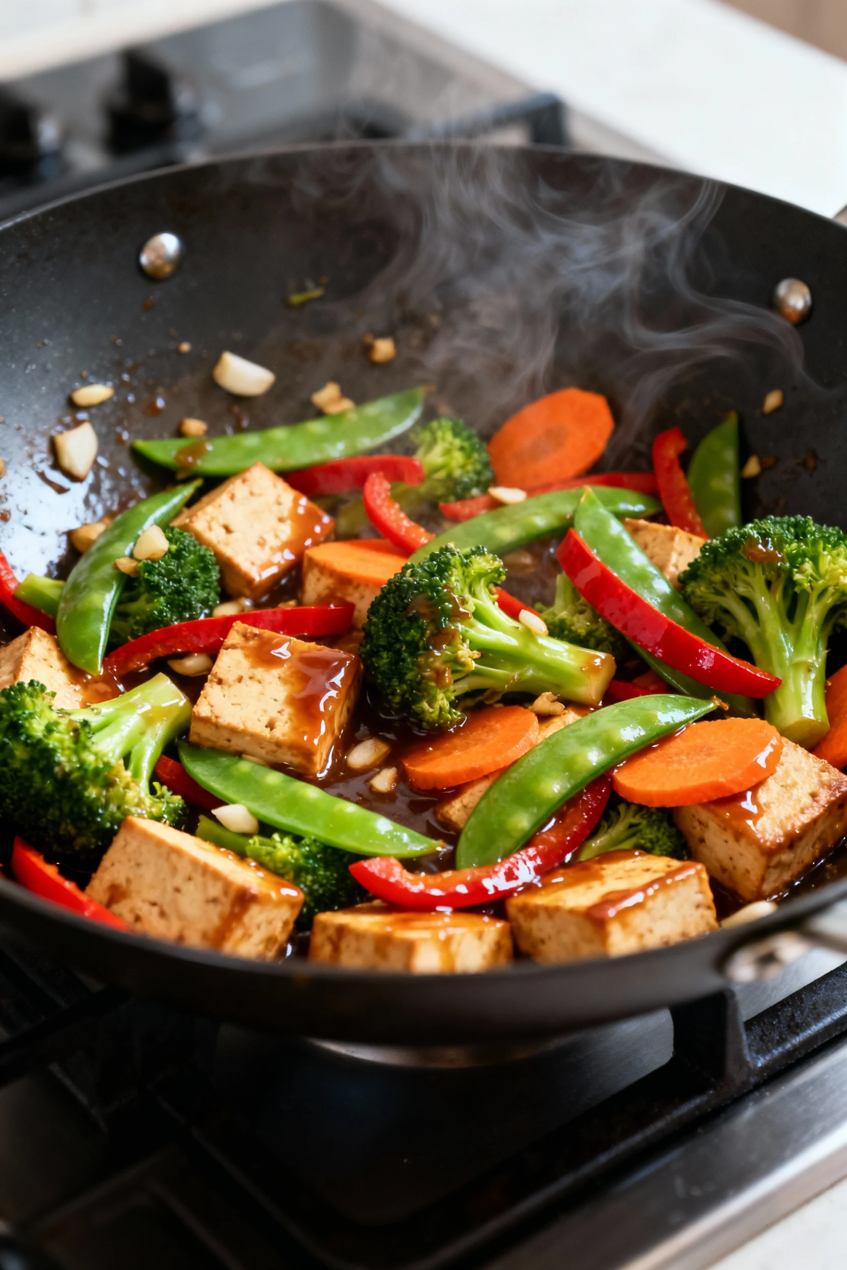 Cooking process: sizzling wok shot as tofu and vibrant broccoli, snap peas, red pepper strips, and carrot slices are tos