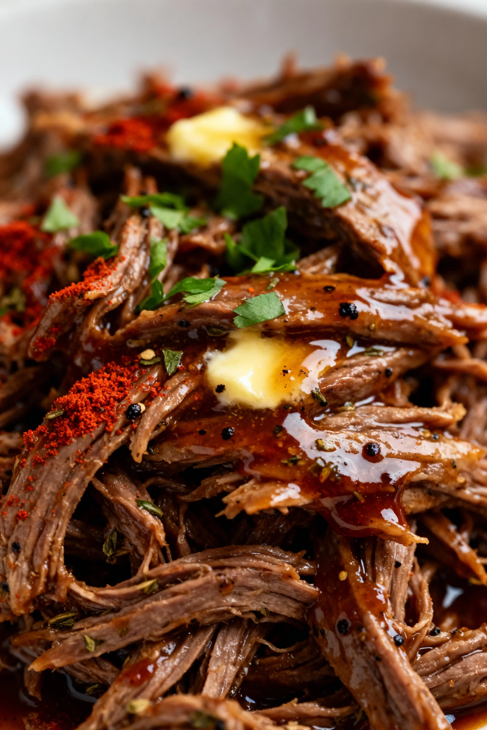 2. Close-up detail: shredded slow-cooker beef piled high, glistening with cornstarch-thickened Worcestershire–soy pan sa