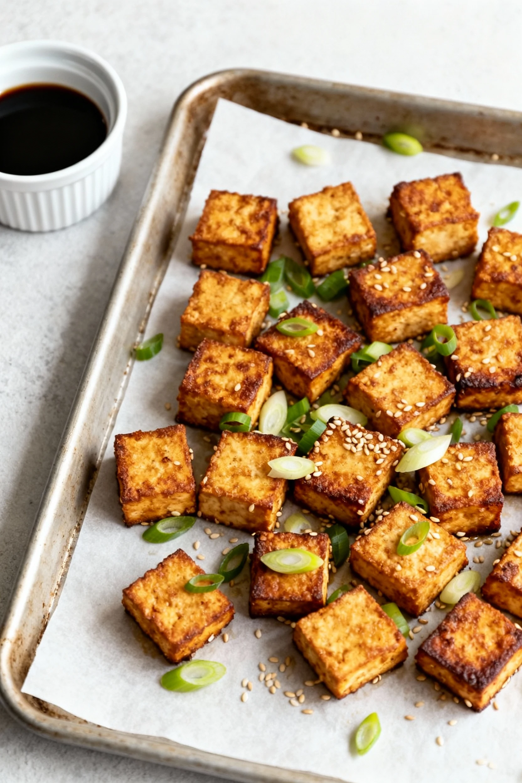 Overhead: Oven-baked crispy tofu on a parchment-lined sheet pan, deeply golden with matte crust and browned corners; spr