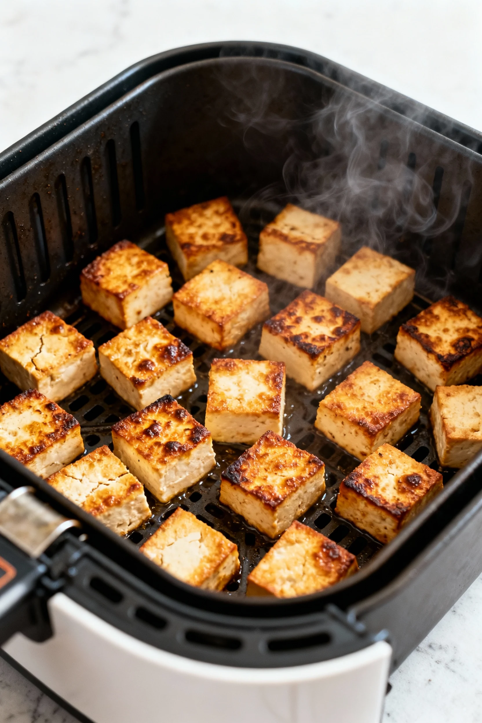 Air fryer basket pulled out mid-cook at 400°F showing tofu cubes spaced in a single layer, deep golden edges and blister