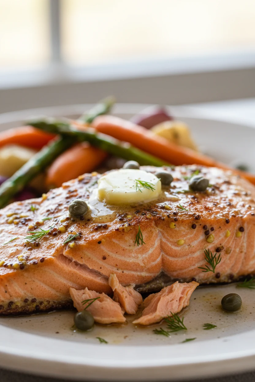 Close-up detail of salmon cooked to medium (125°F) with Dijon–garlic–paprika glaze; flaky, moist flesh and crisp browned