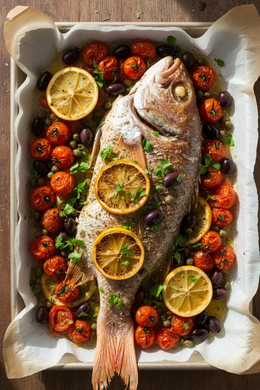 Overhead shot of Mediterranean tomato-olive snapper on a parchment-lined sheet pan: blistered cherry tomatoes, glossy Ka