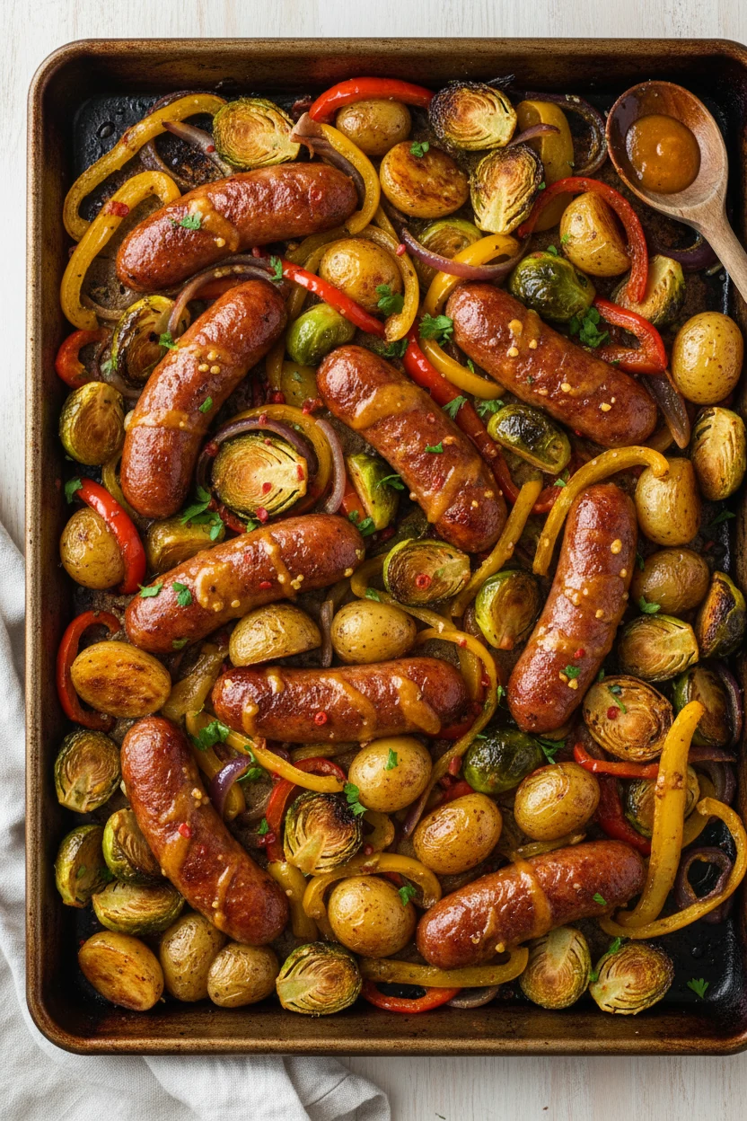 Overhead shot of sheet-pan kielbasa and vegetables post flavor finish: caramelized baby potatoes and Brussels sprouts wi