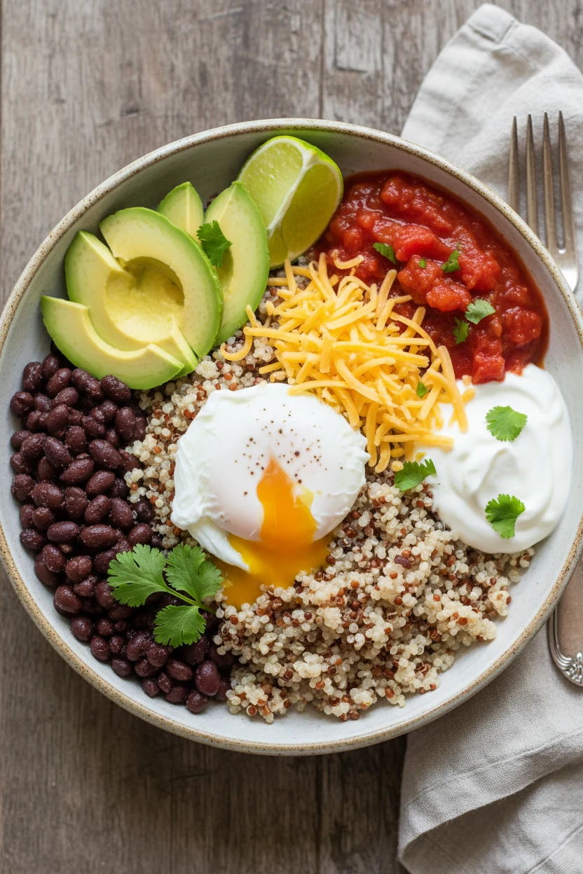 Overhead shot of Quinoa Egg Breakfast Bowl with a glossy runny-yolk poached egg over fluffy quinoa, black beans, avocado