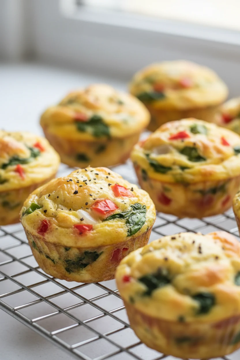 Close-up of veggie egg muffins on a cooling rack, puffed and set with golden edges, pockets of melted cheese, diced bell