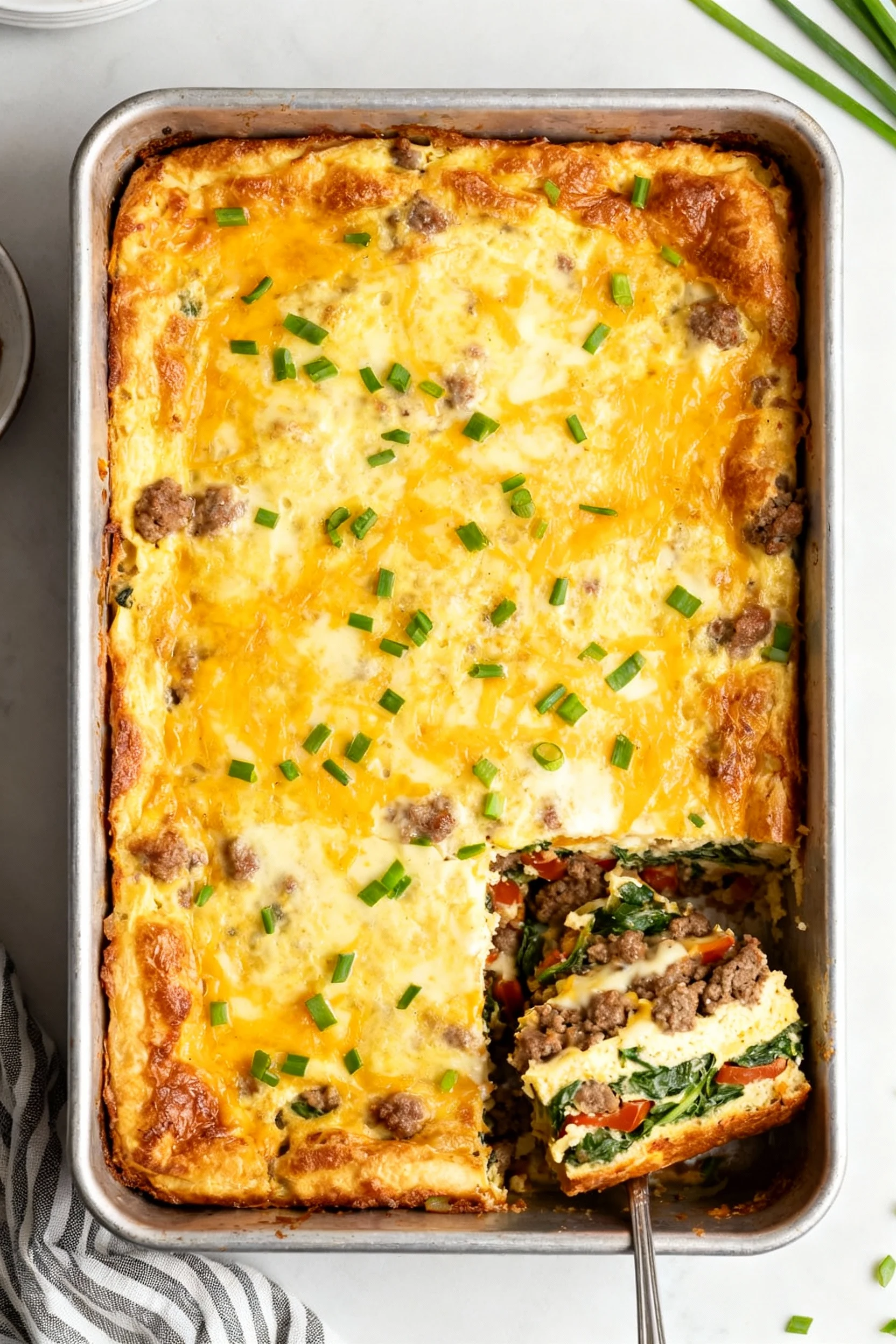 Food photography, 2. Overhead shot of the baked 9x13 breakfast casserole in the pan: evenly set custard, bubbling melted