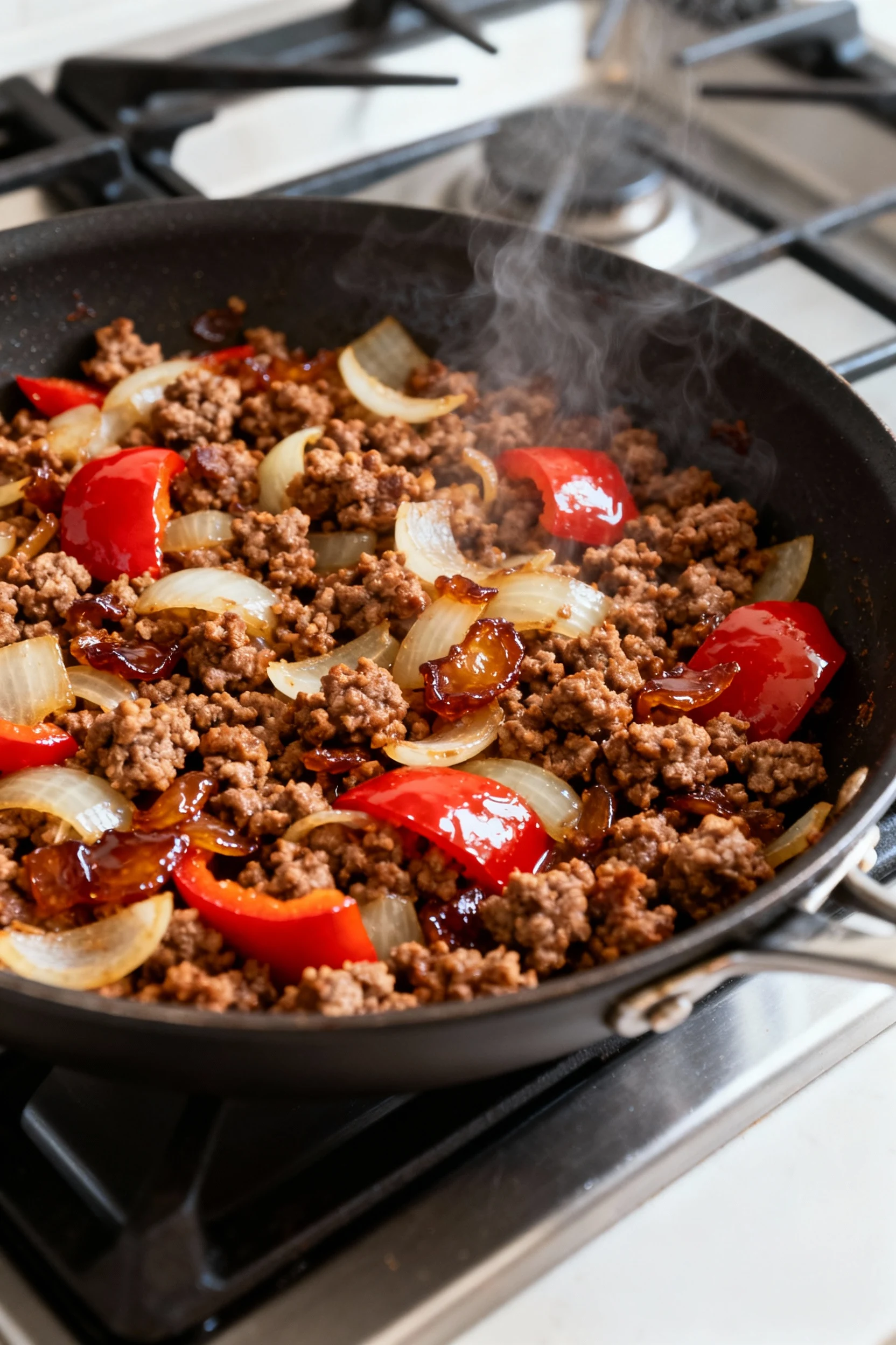 Food photography, Cooking process: sautéed components for the casserole in a skillet—deeply browned crumbled sausage wit