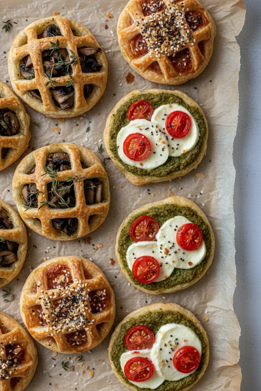 Tasty top view: overhead of assorted baked puff pastry appetizers (mushroom & thyme; pesto caprese with low‑moisture moz