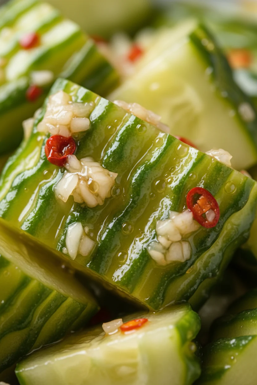 Macro detail of dressing clinging to jagged cucumber surfaces, droplets of sesame oil catching light, visible minced gar