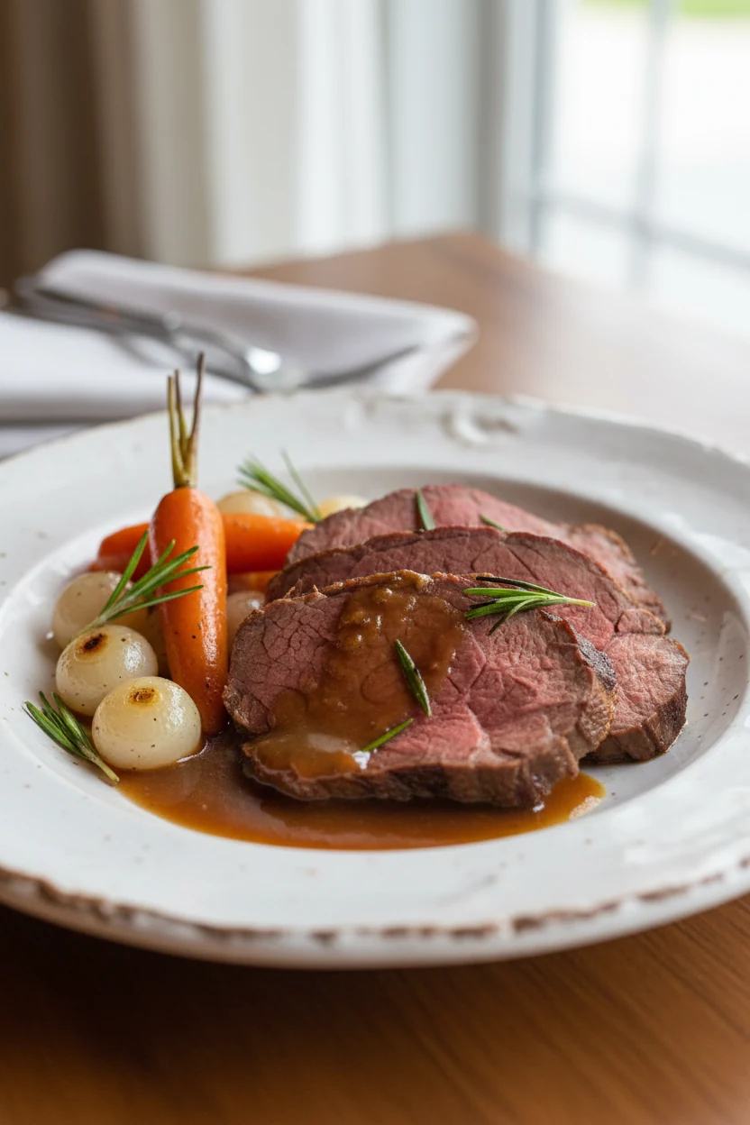 Beautifully plated chuck roast on a rustic white ceramic plate, thick slices arranged alongside gravy-coated carrots and