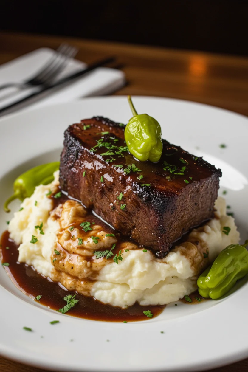 Rustic final plating of Mississippi chuck roast over creamy mashed potatoes, juices drizzled generously, garnished with 