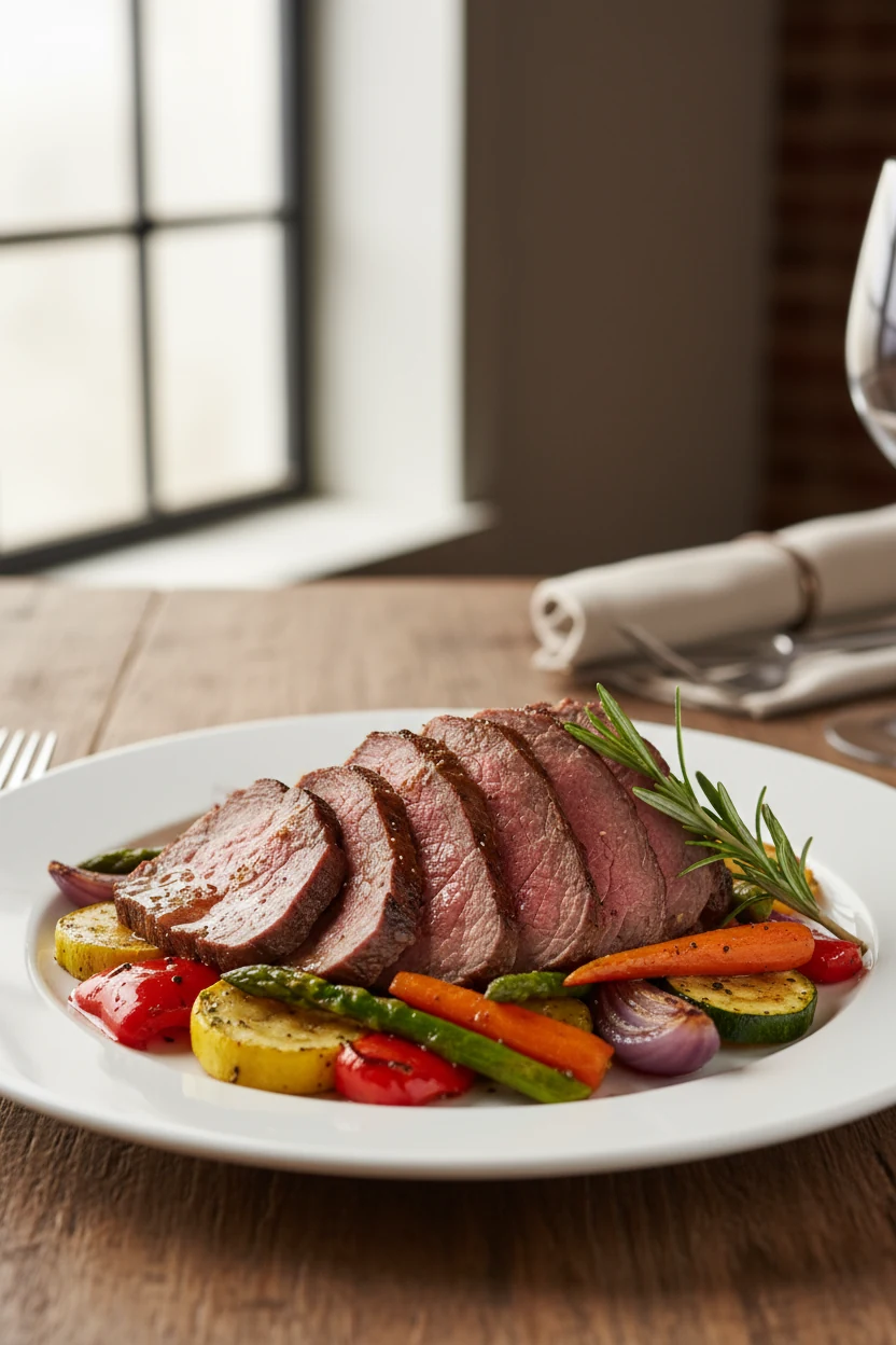 Beautifully plated sliced chuck roast arranged in overlapping layers on a white ceramic plate, drizzled with pan juices,