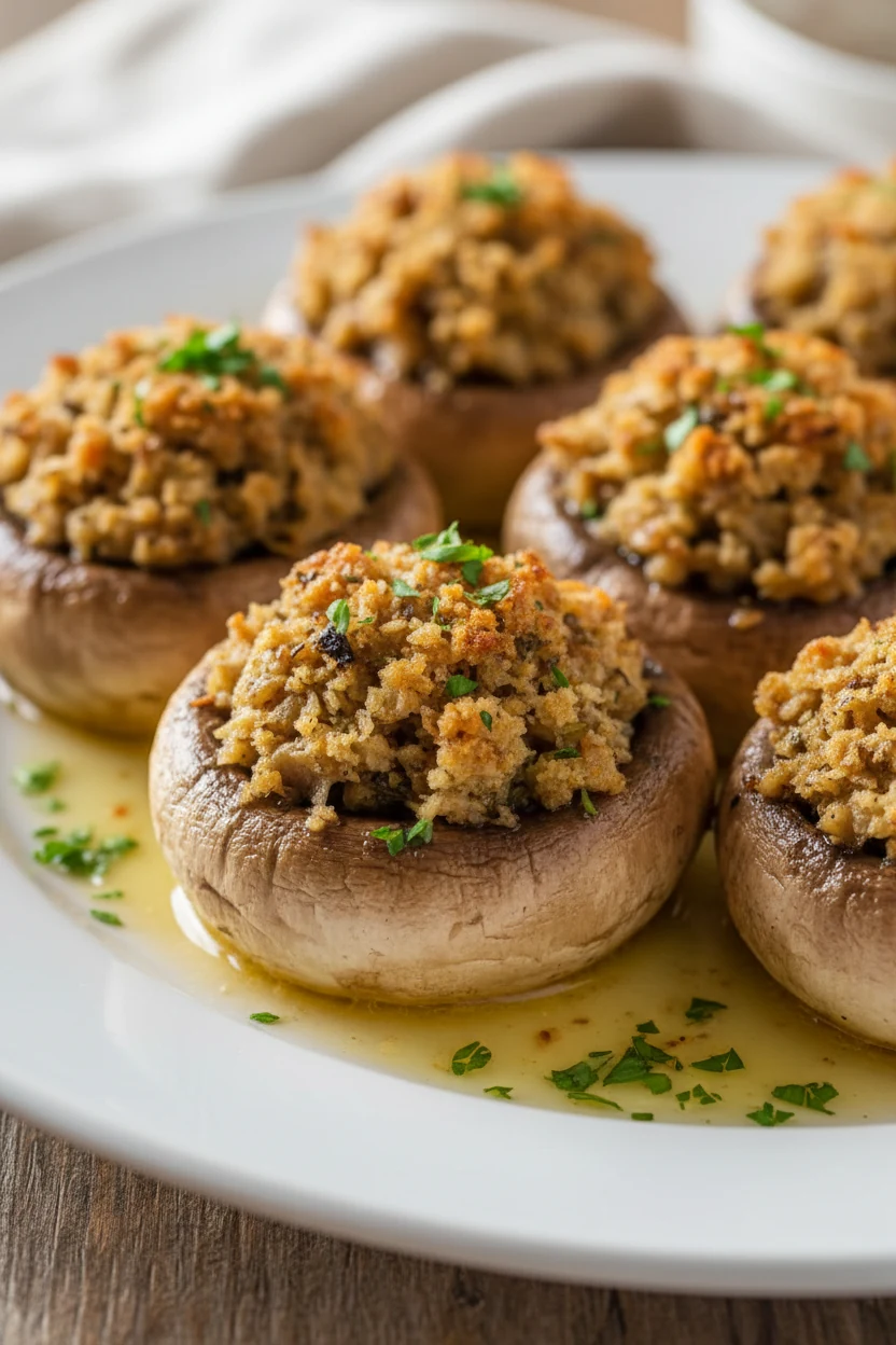Garlic butter stuffed mushrooms just out of the oven, glistening caps filled with savory stuffing, sprinkled with fresh 