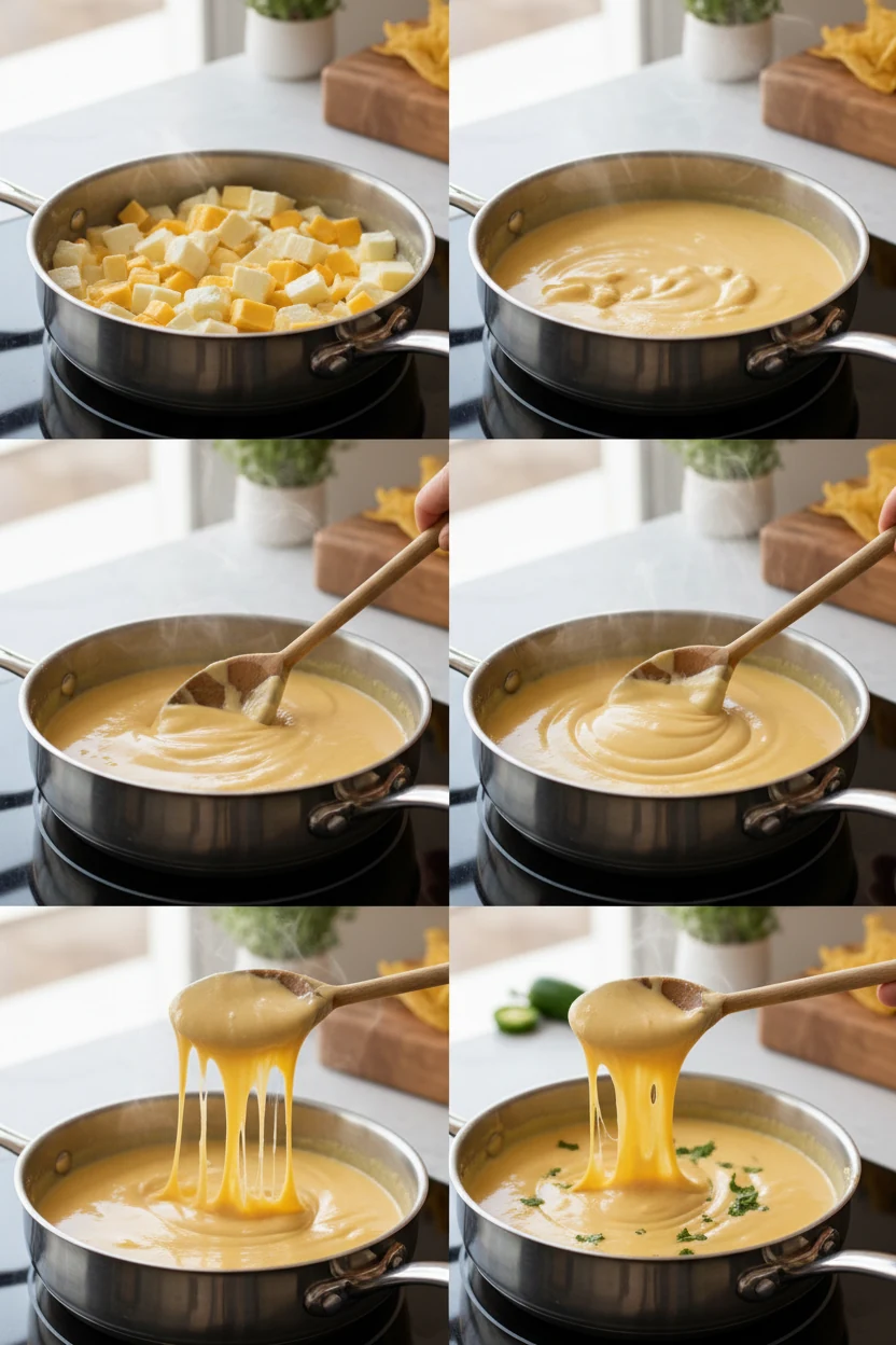 Step-by-step cooking process shot showing smooth melted queso being stirred with a wooden spoon in a saucepan, cheese st