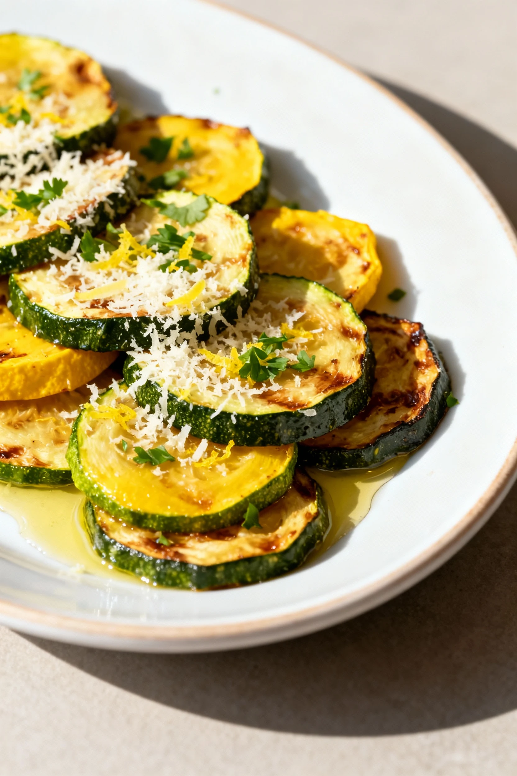 Final plated dish: roasted zucchini and yellow squash with Parmesan neatly overlapped on a white rimmed plate, finished