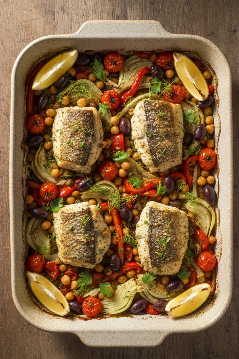 3. Overhead shot of the one-pan Mediterranean baked fish: four fillets arranged over evenly roasted cherry tomatoes, chi