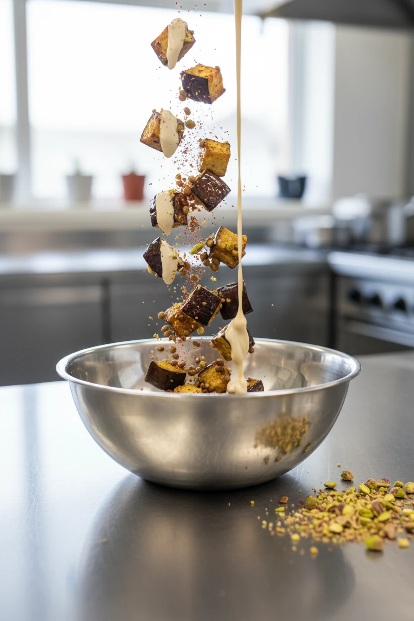 Cooking process: Lentil, Roasted Eggplant & Tahini being tossed in a stainless bowl—caramelized eggplant cubes and tende