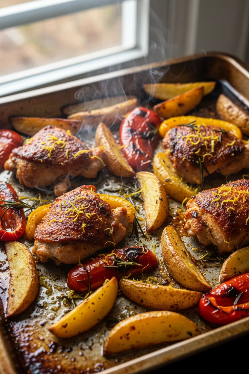 Cooking process: sheet pan just out of a quick broil—smoky paprika and rosemary chicken with blistered peppers and golde