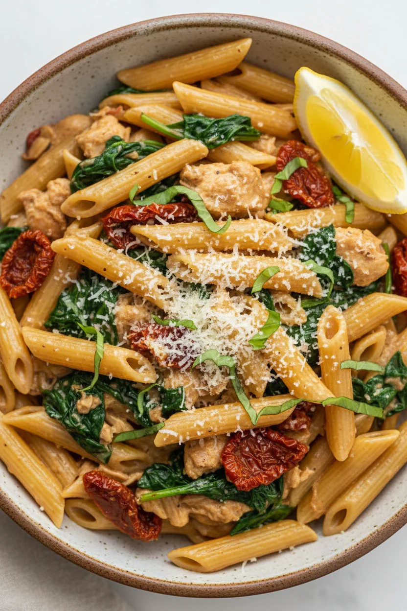 3. Overhead shot of creamy Tuscan chicken penne showing glossy sauce, spinach ribbons, sun-dried tomato pops, grated Par